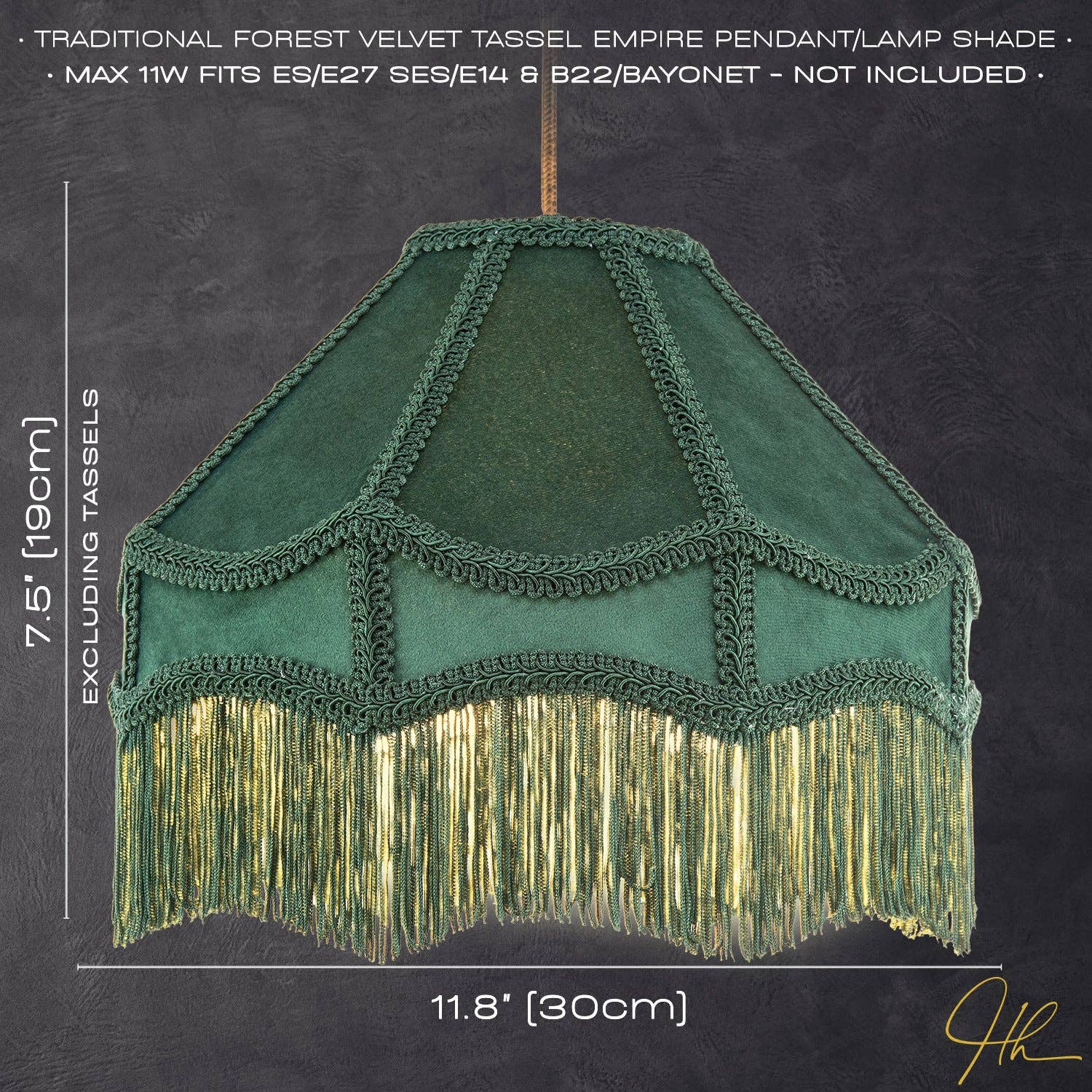 Traditional Victorian Empire Lampshade in Soft Forest Green Velvet with Tassels