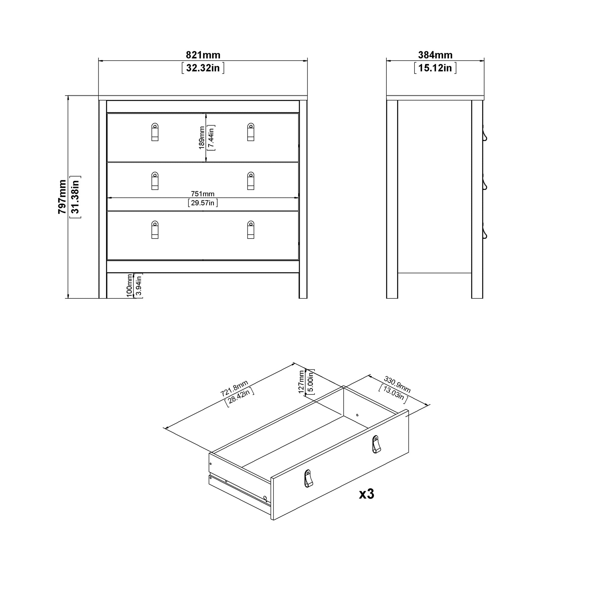 Barcelona Chest 3 Drawers in White - Inside House 