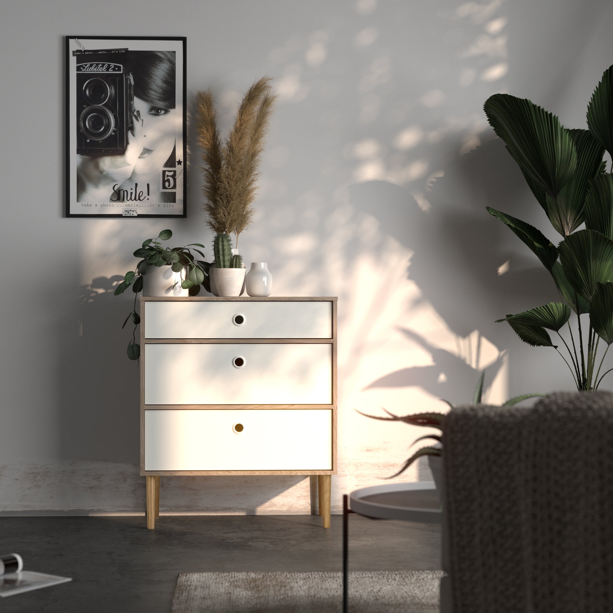 Rome Chest 3 Drawers in Jackson Hickory Oak and Matt White - Inside House 