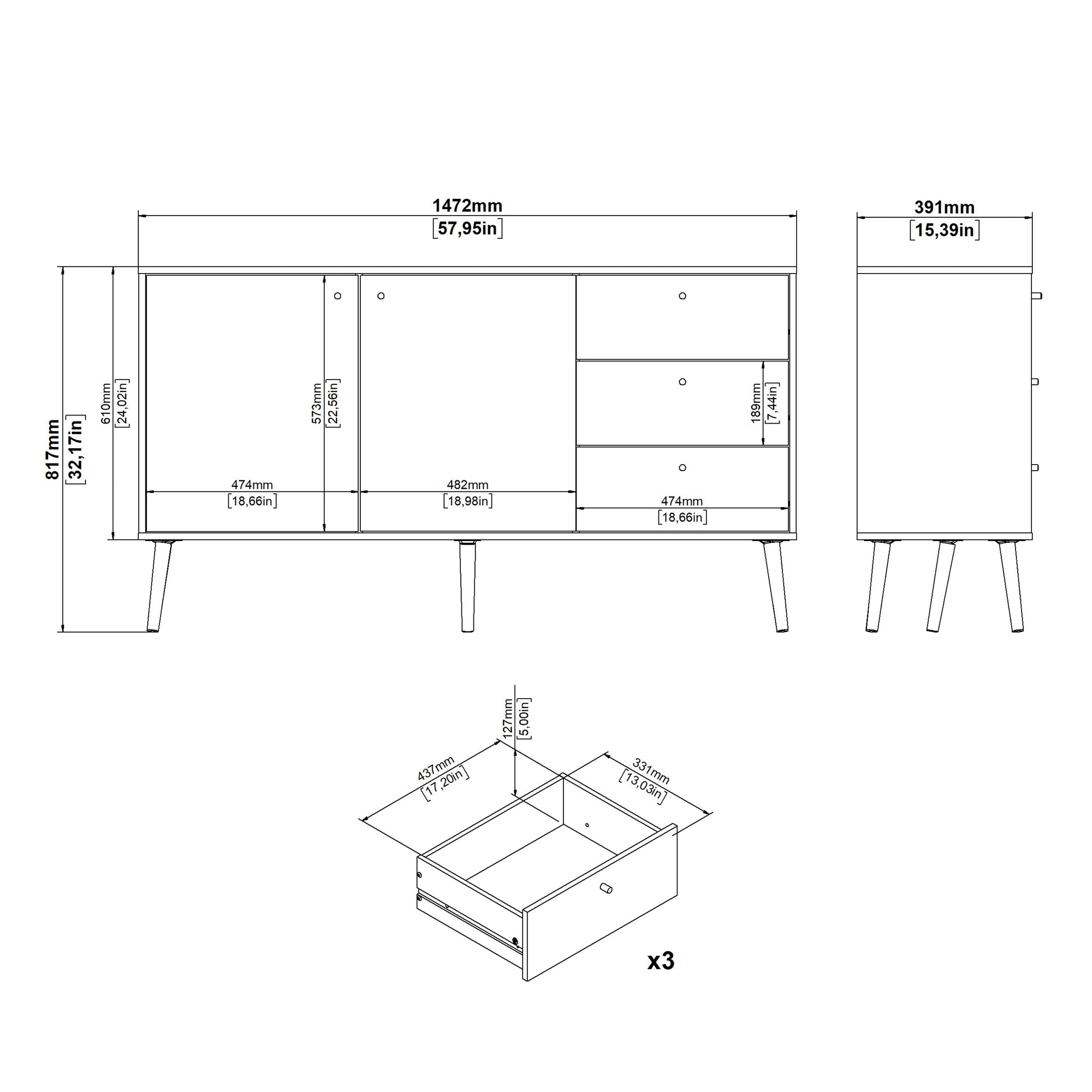 Cumbria Sideboard 2 Doors + 3 Drawers White - Inside House 