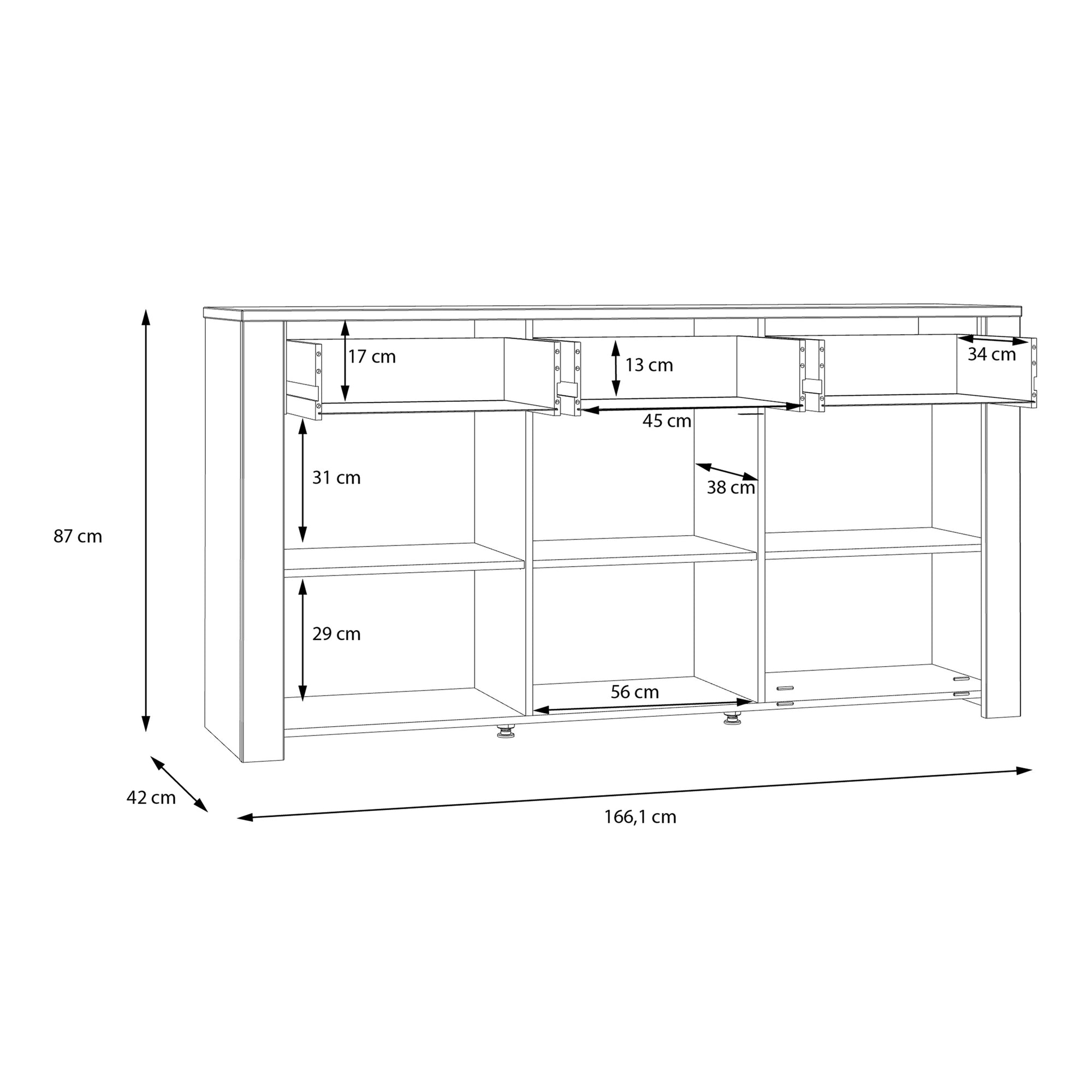 Bohol 3 Door 3 Drawer Sideboard in Riviera Oak/Grey Oak - Inside House 