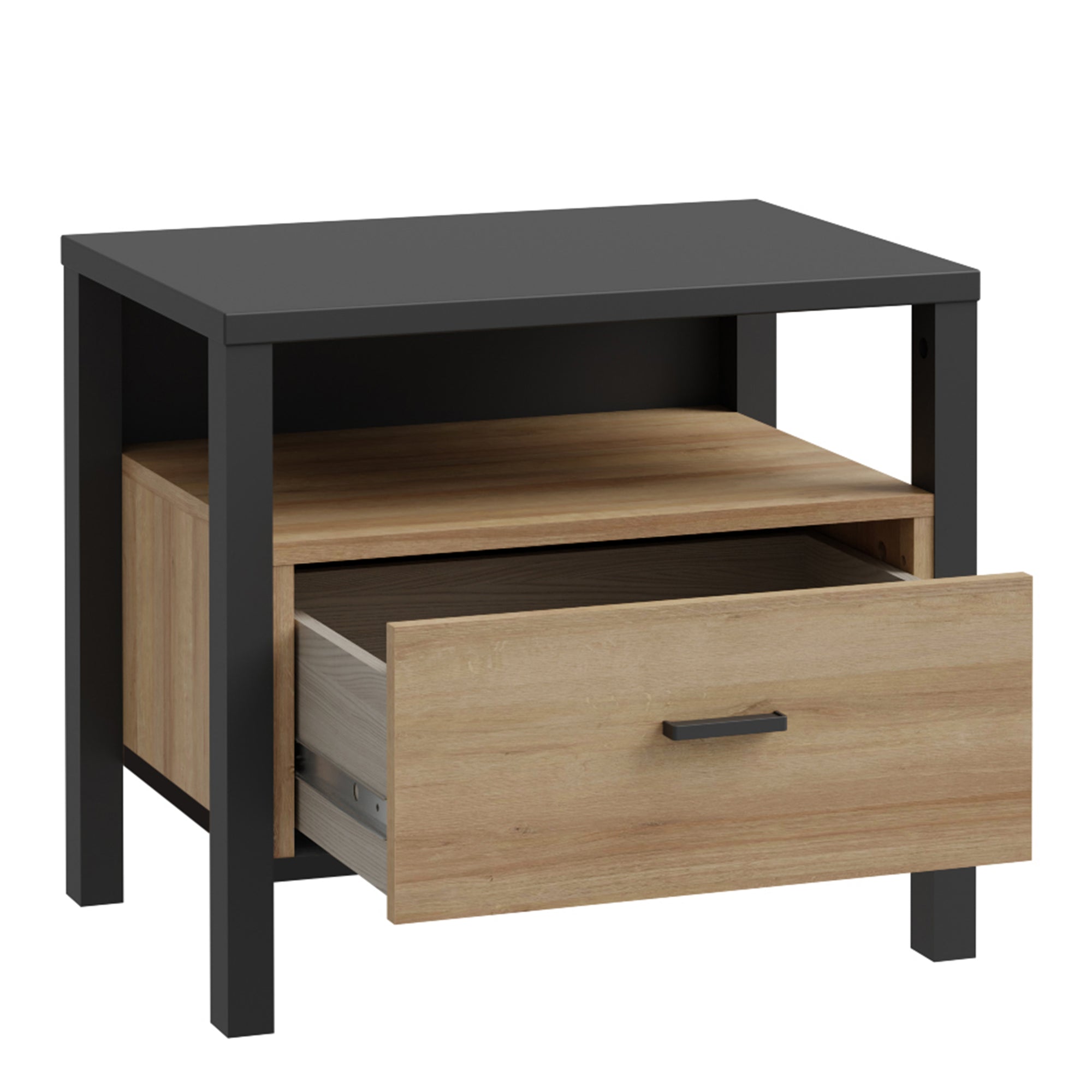 High Rock Bedside in Matt Black/Riviera Oak - Inside House 