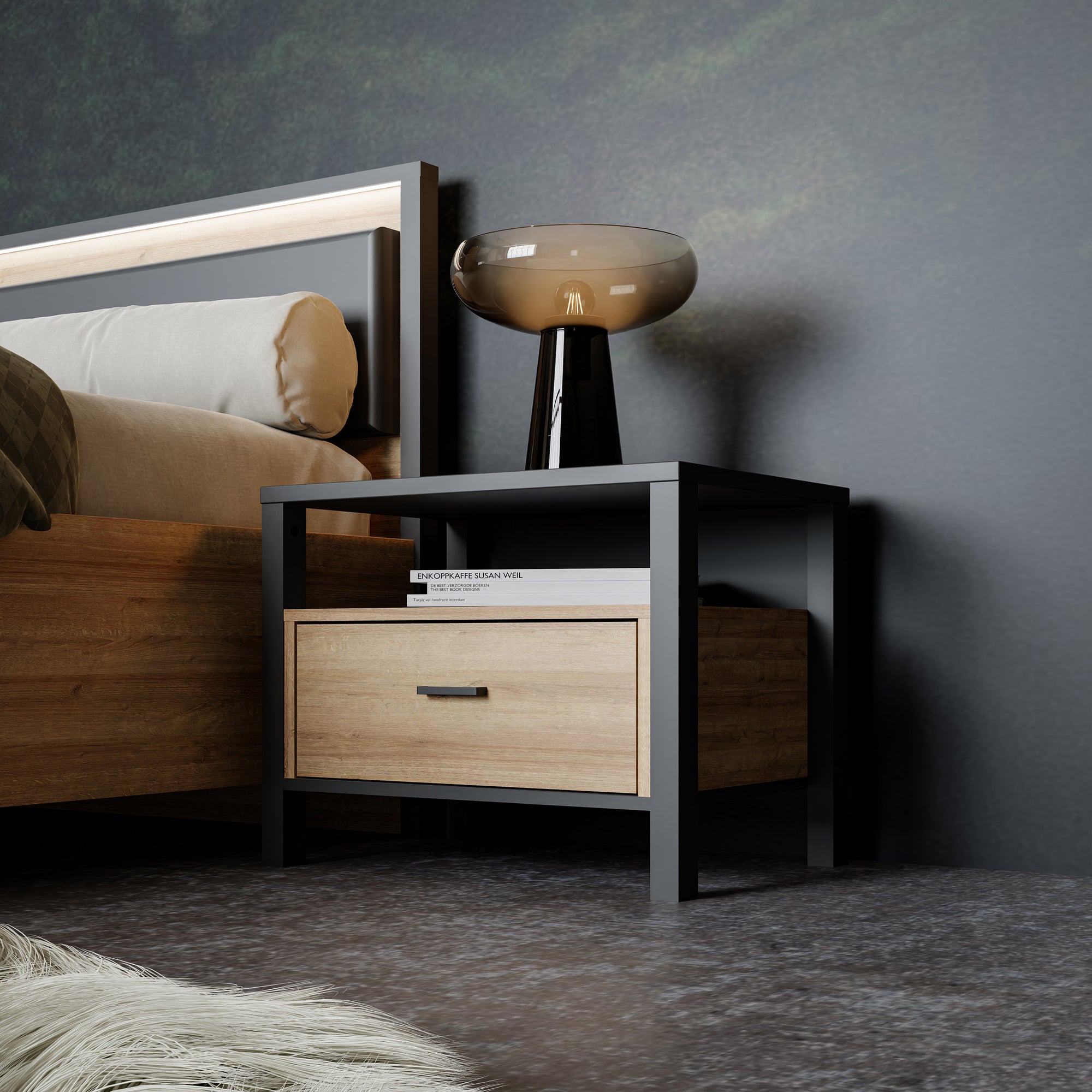 High Rock Bedside in Matt Black/Riviera Oak - Inside House 