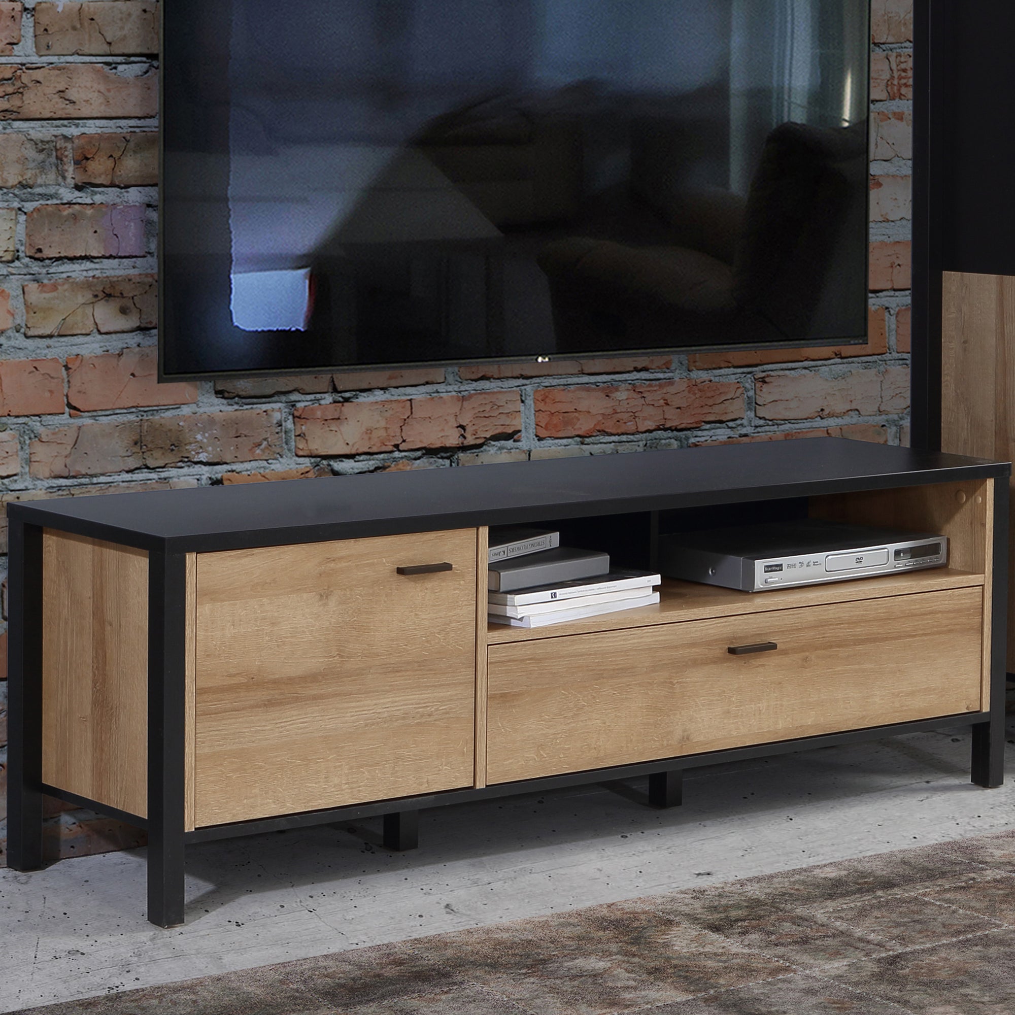 High Rock TV Unit in Matt Black/Riviera Oak - Inside House 