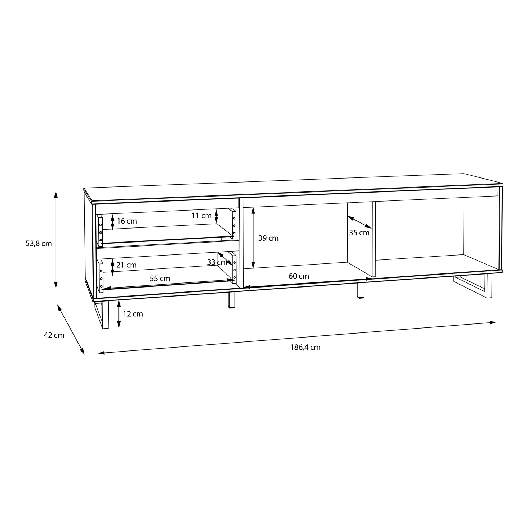 Nikomedes TV Unit in Spica Oak/Matt Black/Bartex Oak - Inside House 