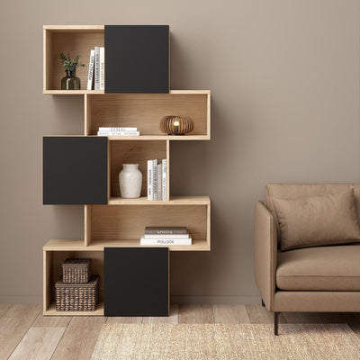 York Asymmetrical Bookcase with 3 Doors in Jackson Hickory and Black