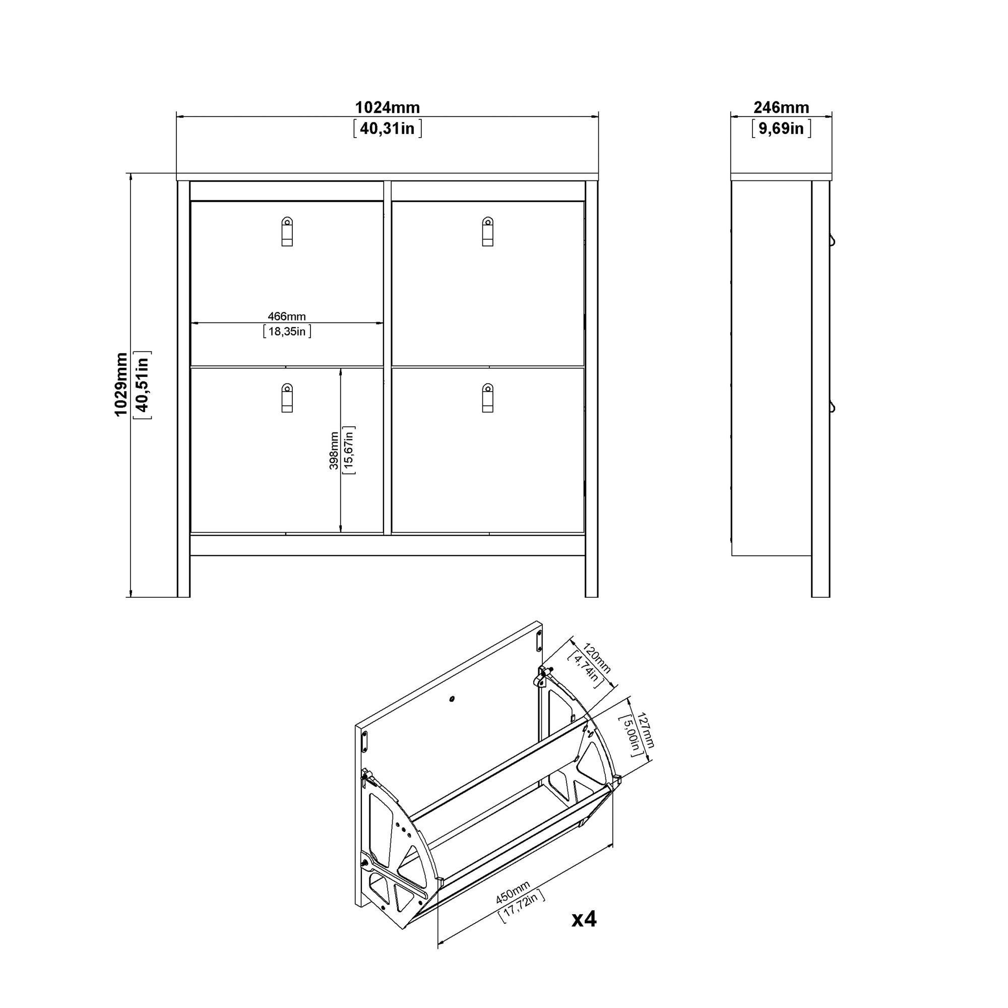 Barcelona Shoe Cabinet 4 Flip Down Doors in White - INSIDE HOUSE