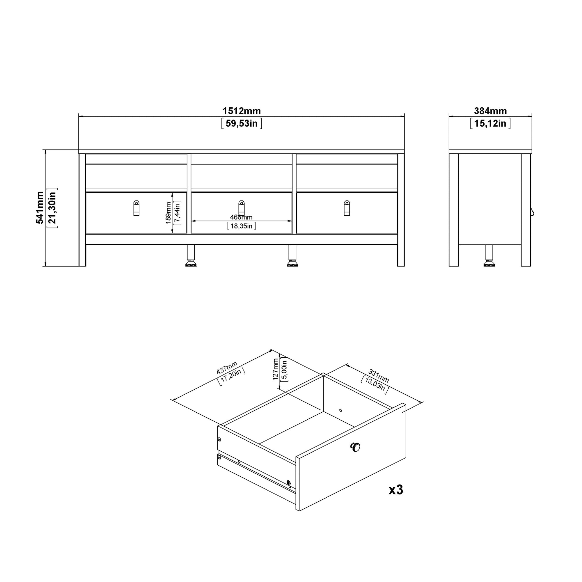 Barcelona TV Unit 3 Drawers in Matt Black - INSIDE HOUSE