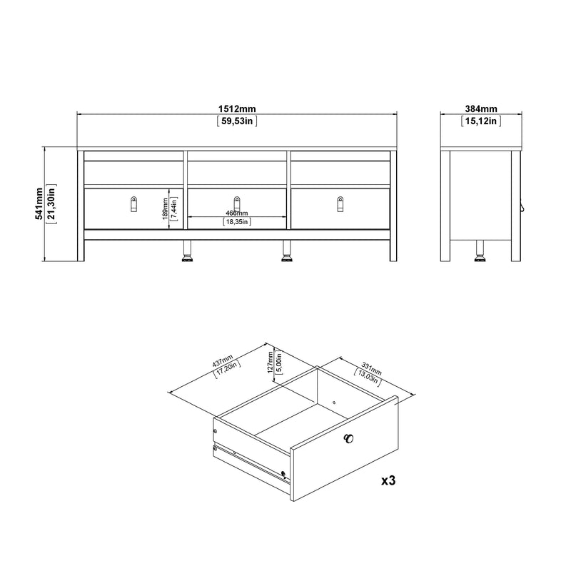 Barcelona TV Unit 3 Drawers in Matt Black