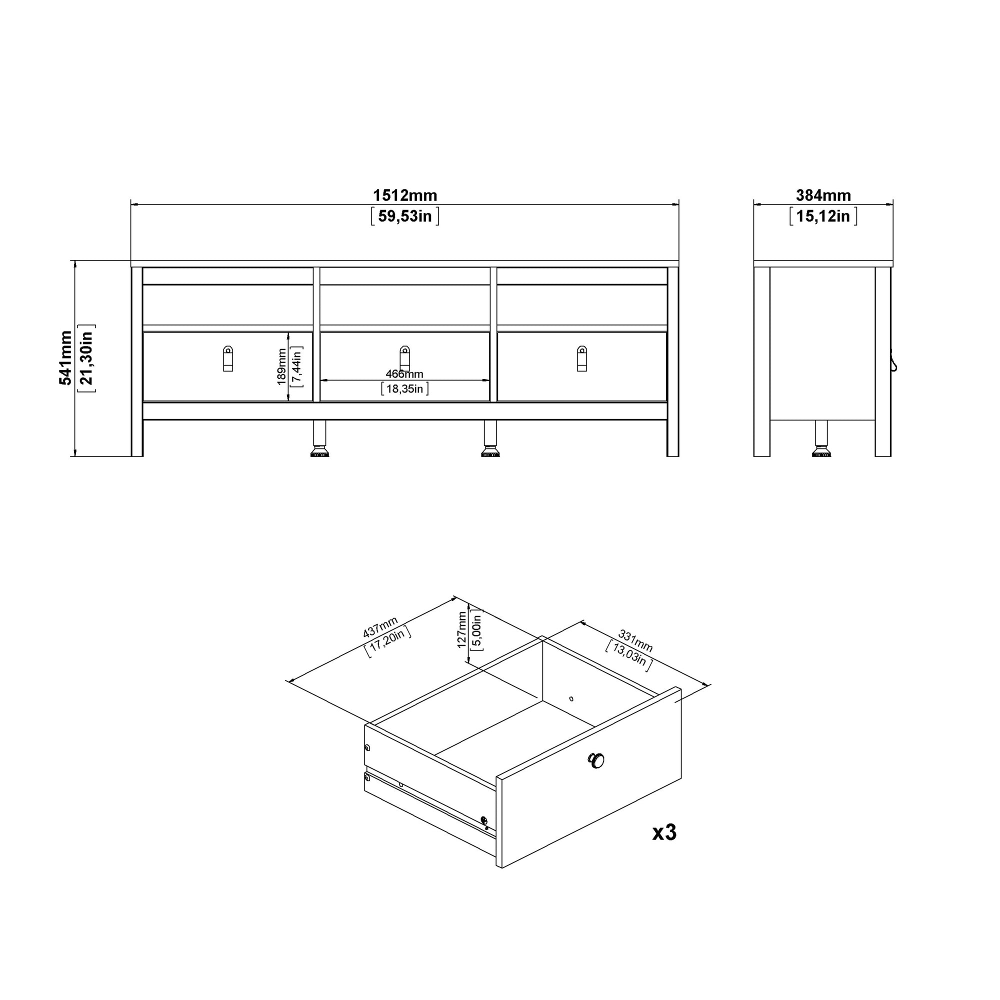 Barcelona TV Unit 3 Drawers in White - INSIDE HOUSE