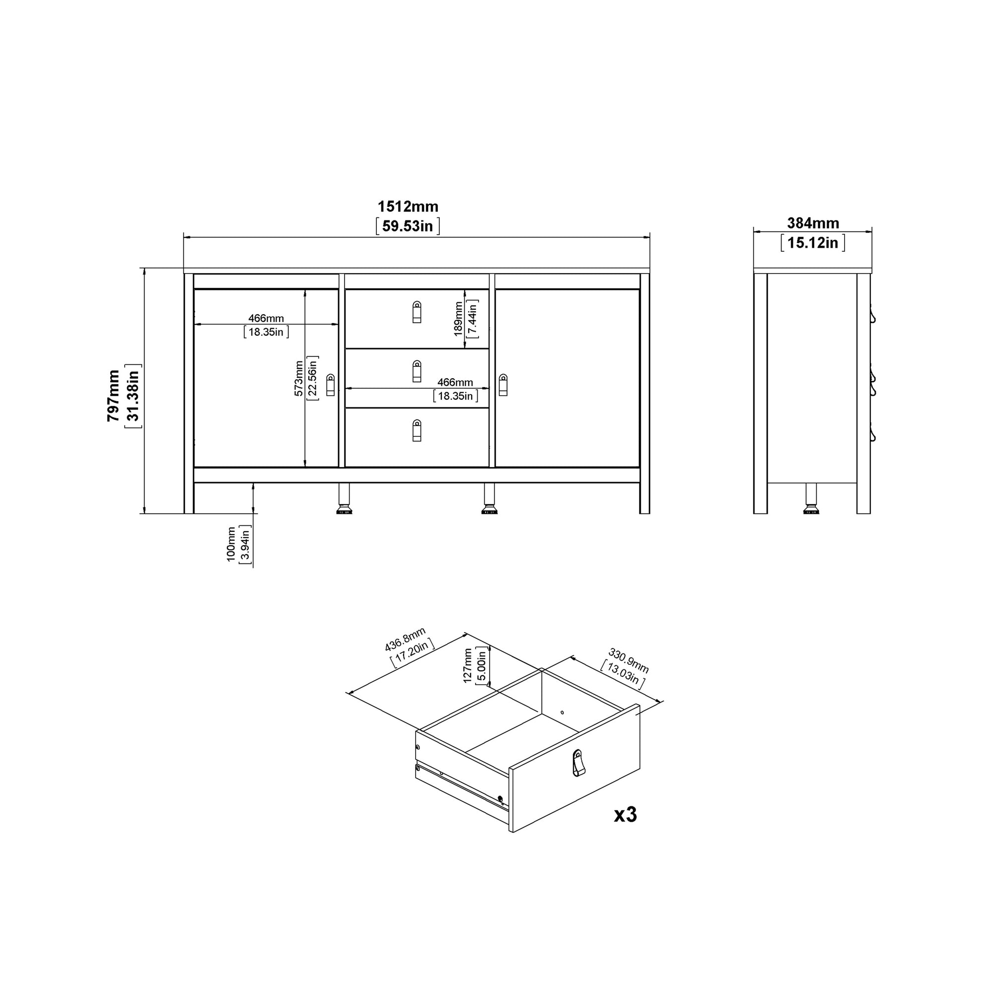 Barcelona Sideboard 2 Doors 3 Drawers in Jackson Hickory Oak - INSIDE HOUSE