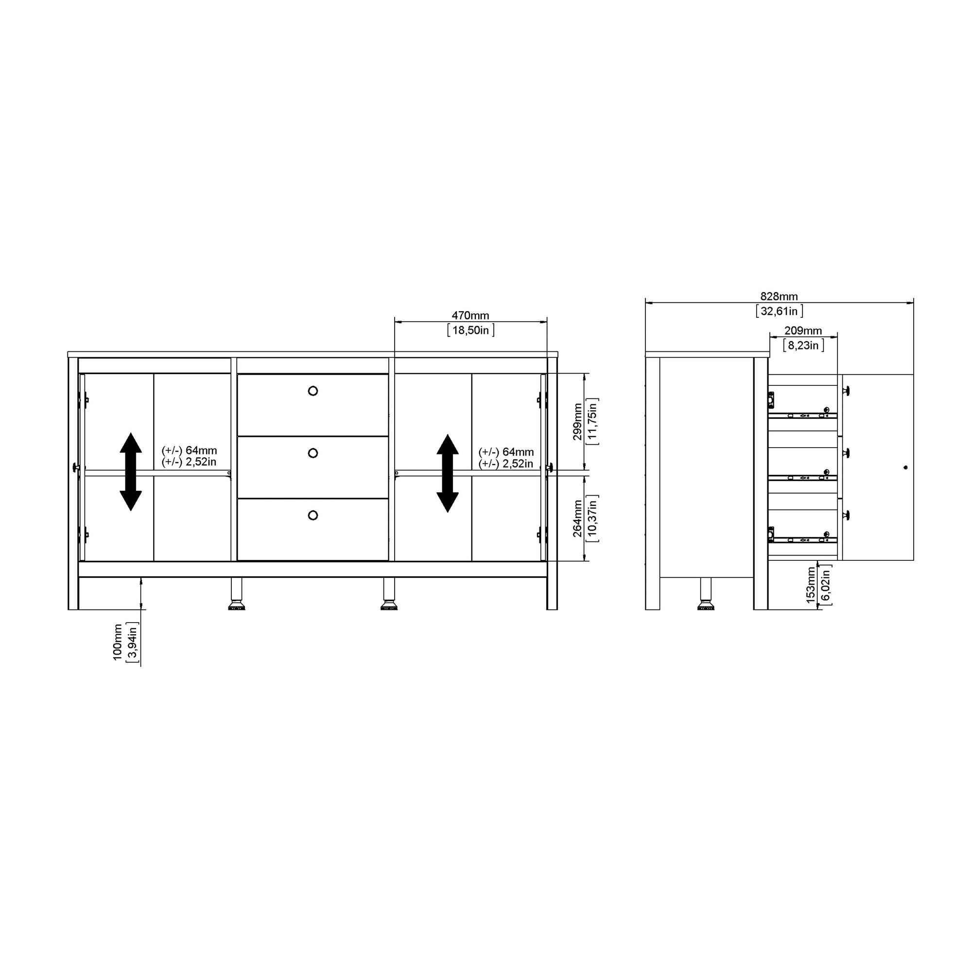 Barcelona Sideboard 2 Doors 3 Drawers in White - INSIDE HOUSE