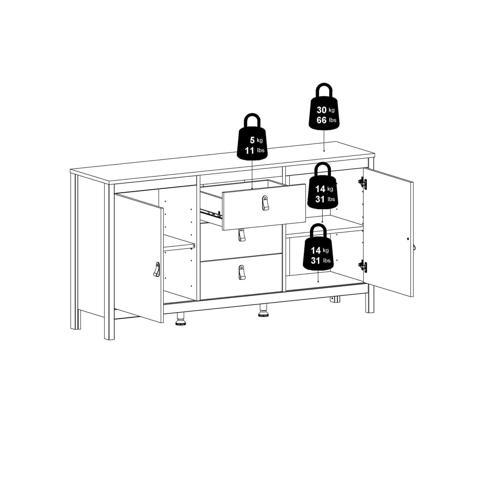 Barcelona Sideboard 2 Doors 3 Drawers in White - INSIDE HOUSE