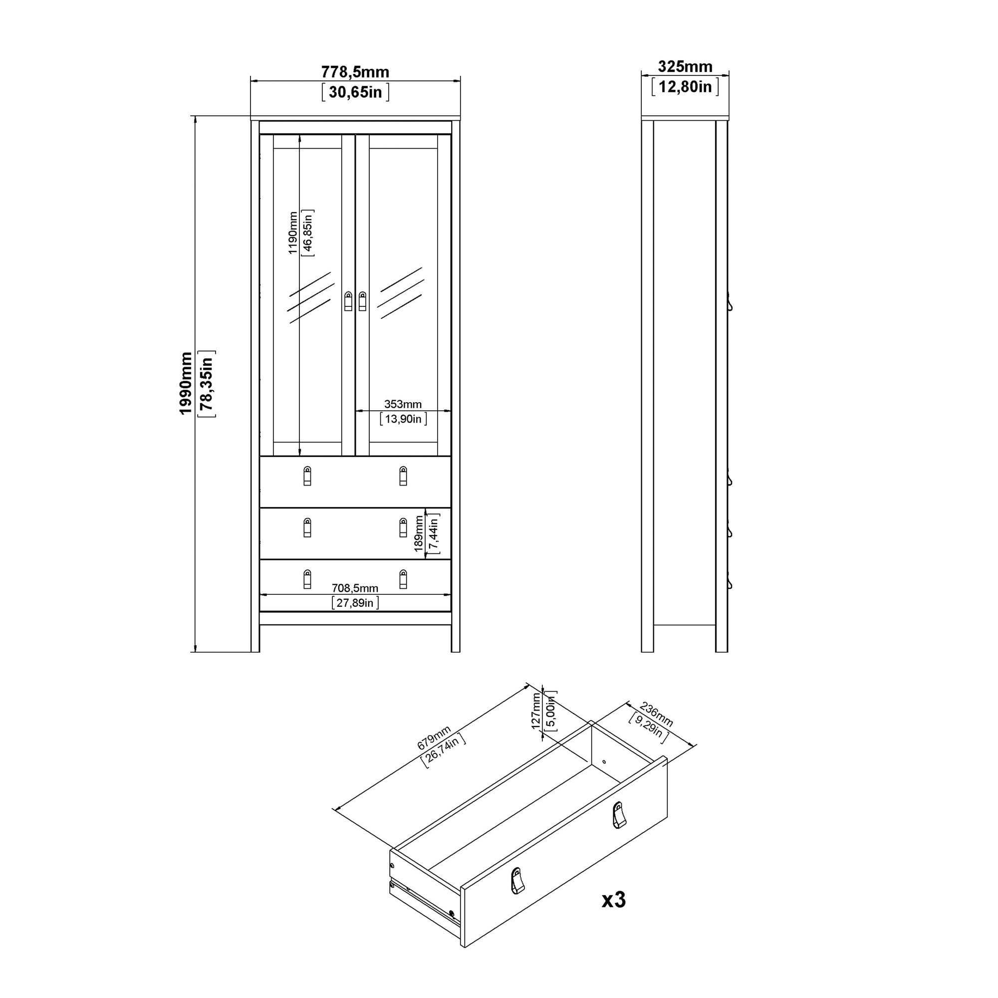 Barcelona China Cabinet 2 Glass Doors with 3 Drawers in Matt Black - INSIDE HOUSE