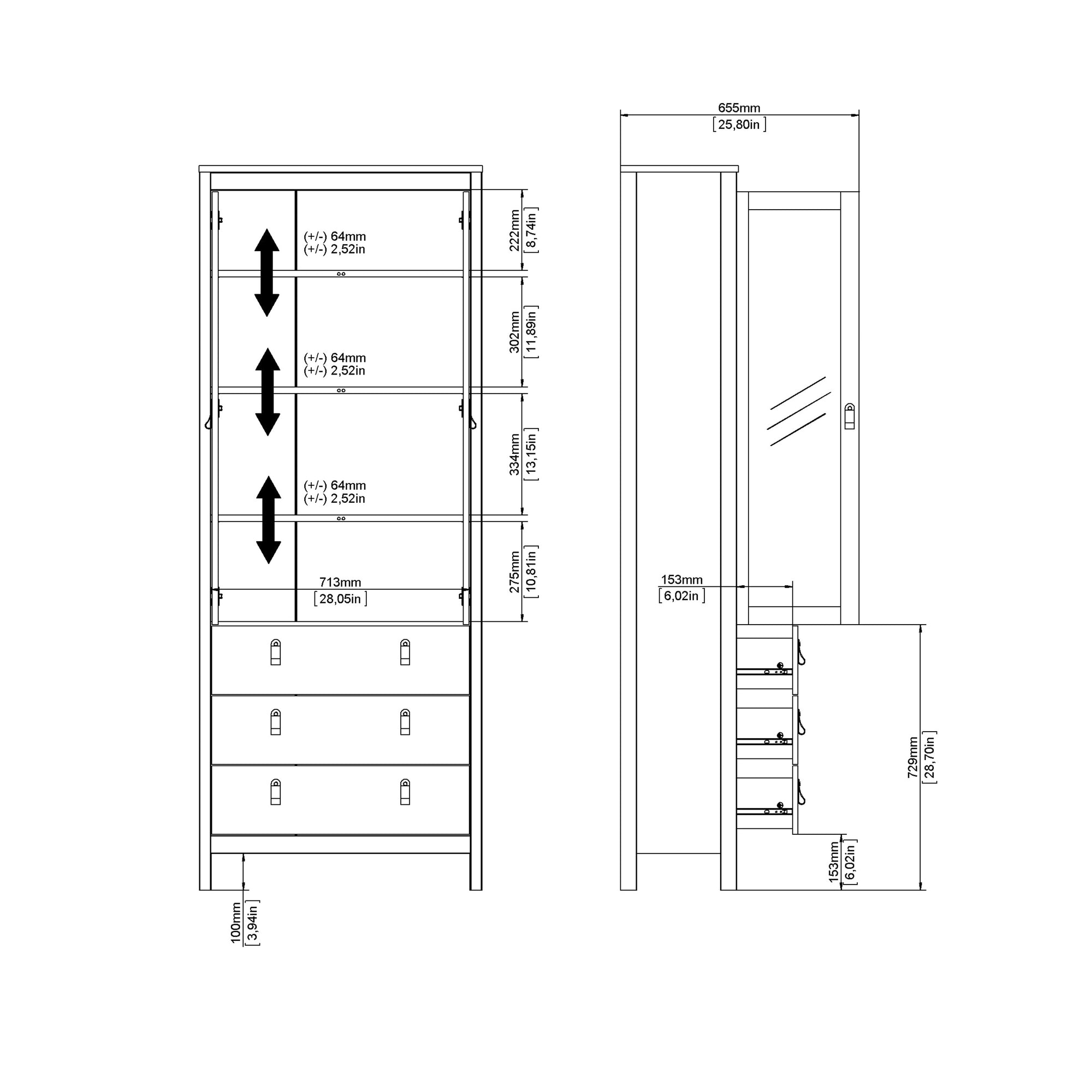 Barcelona China Cabinet 2 Glass Doors with 3 Drawers in Matt Black - INSIDE HOUSE