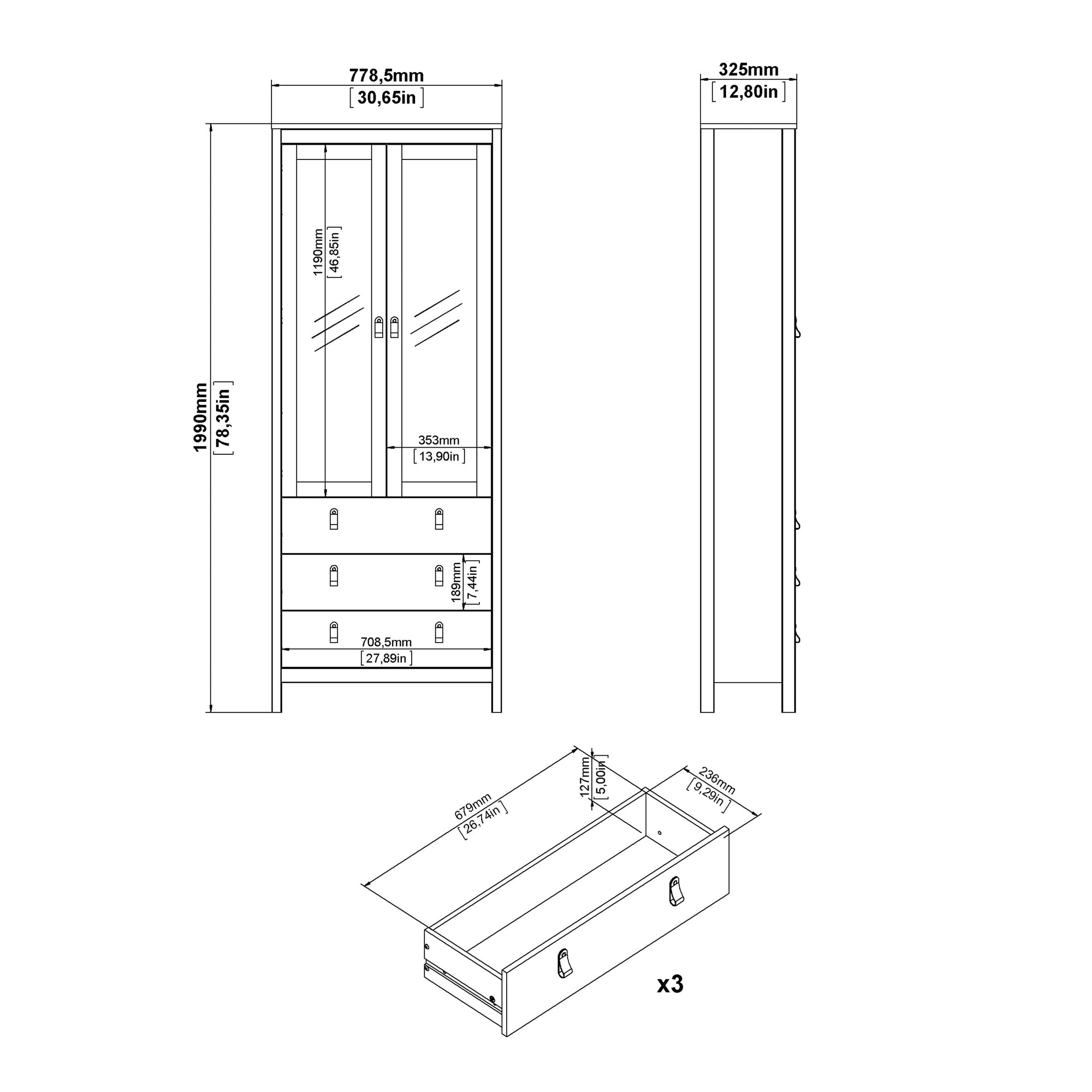 Barcelona China Cabinet 2 Glass Doors with 3 Drawers in White - INSIDE HOUSE