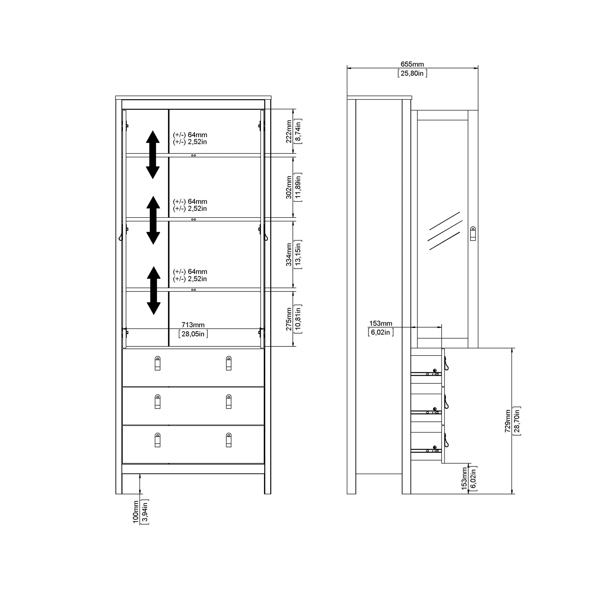 Barcelona China Cabinet 2 Glass Doors with 3 Drawers in White - INSIDE HOUSE