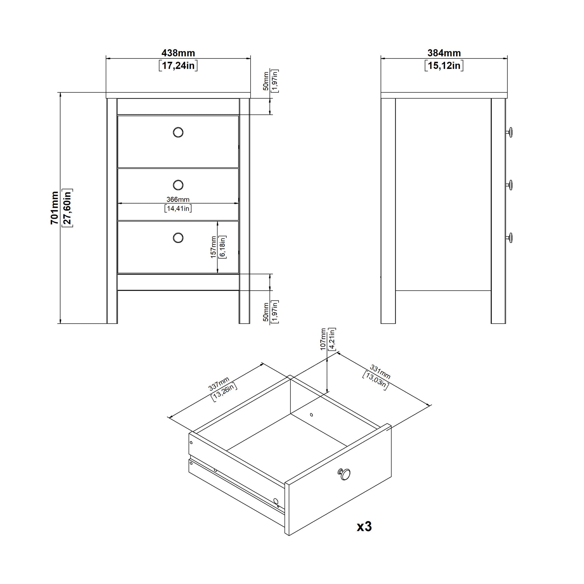 Barcelona Bedside Table 3 Drawers in Matt Black - INSIDE HOUSE