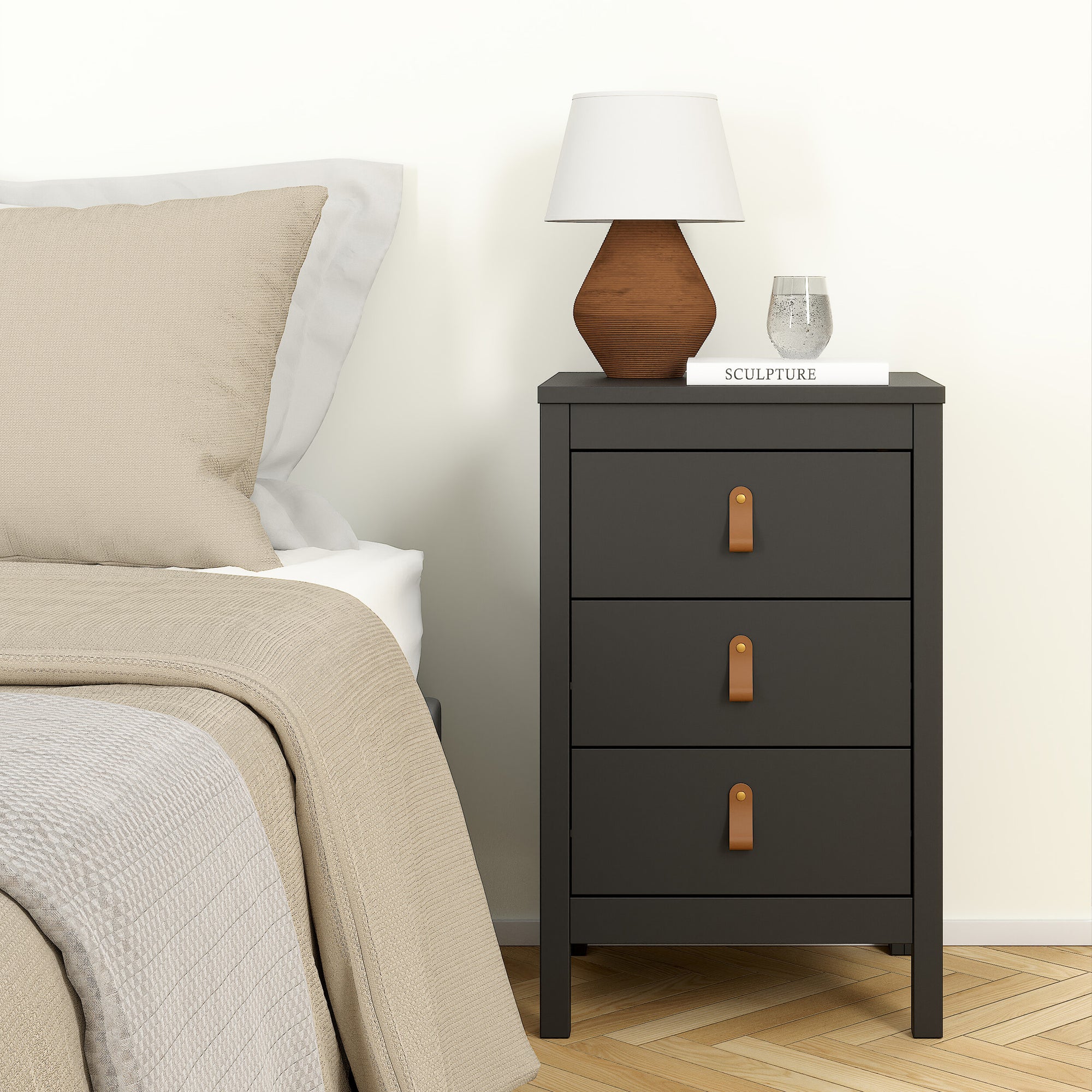 Barcelona Bedside Table 3 Drawers in Matt Black - INSIDE HOUSE