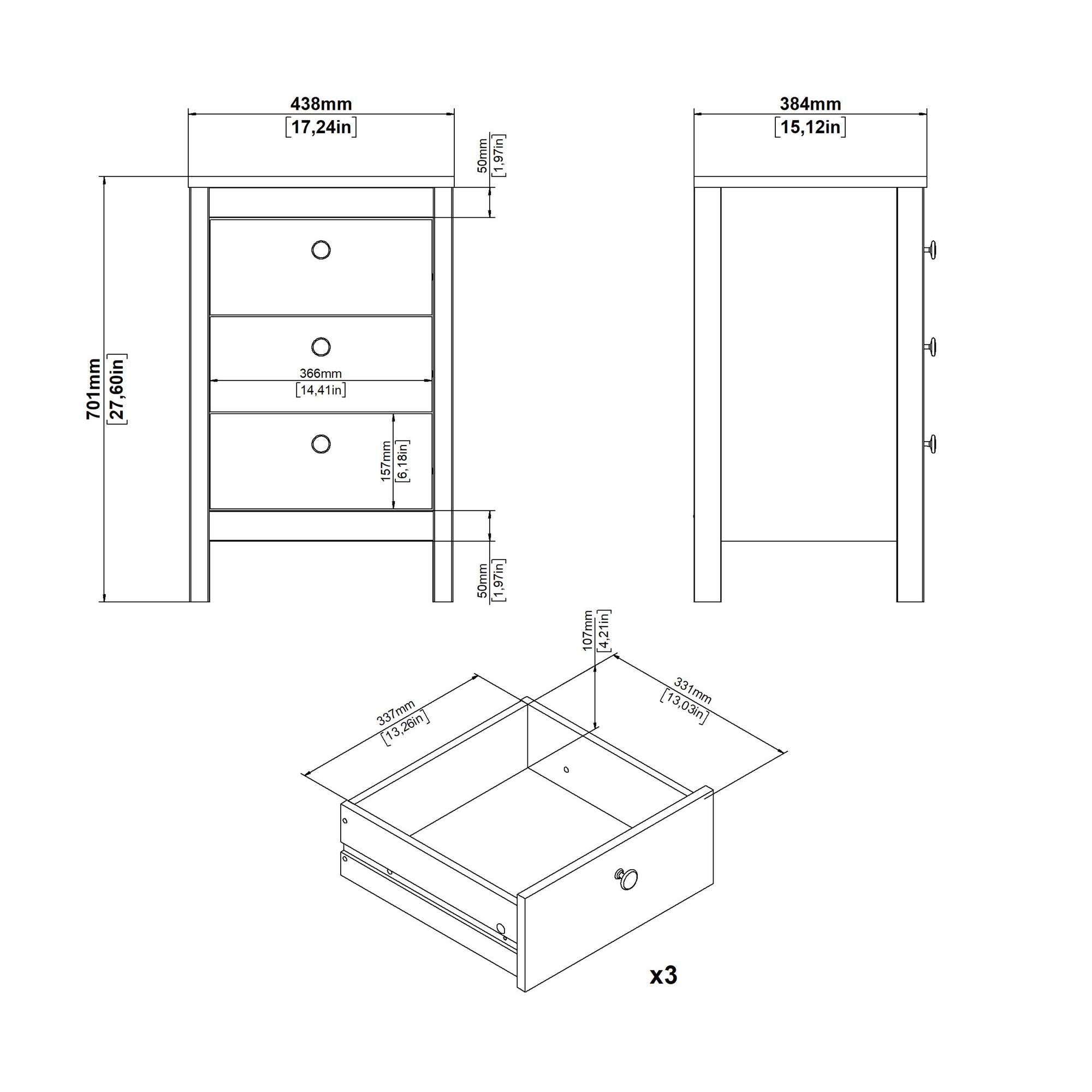 Barcelona Bedside Table 3 Drawers in Jackson Hickory Oak - INSIDE HOUSE