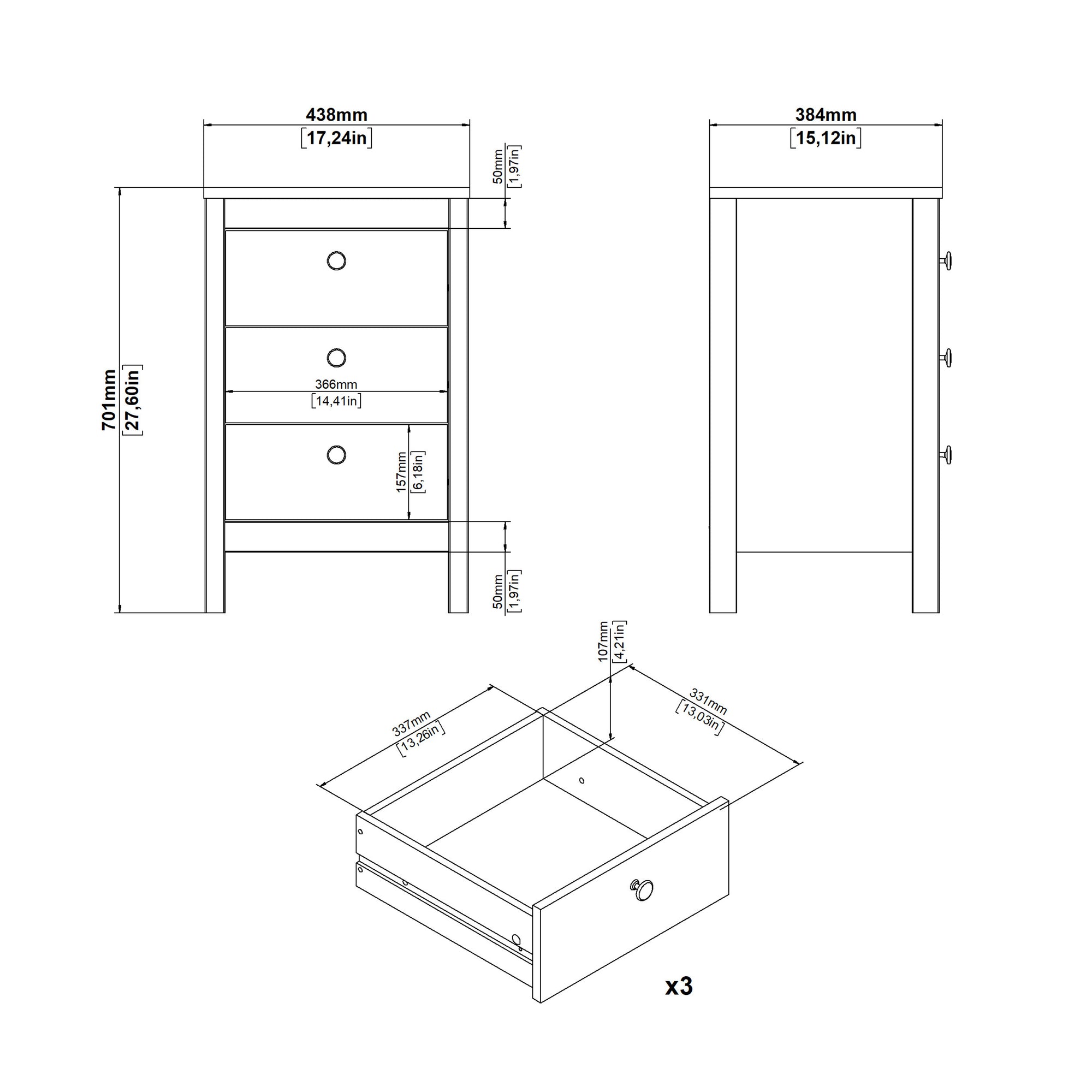 Barcelona Bedside Table 3 Drawers in White - INSIDE HOUSE