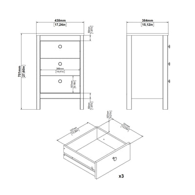 Barcelona Bedside Table 3 Drawers in White