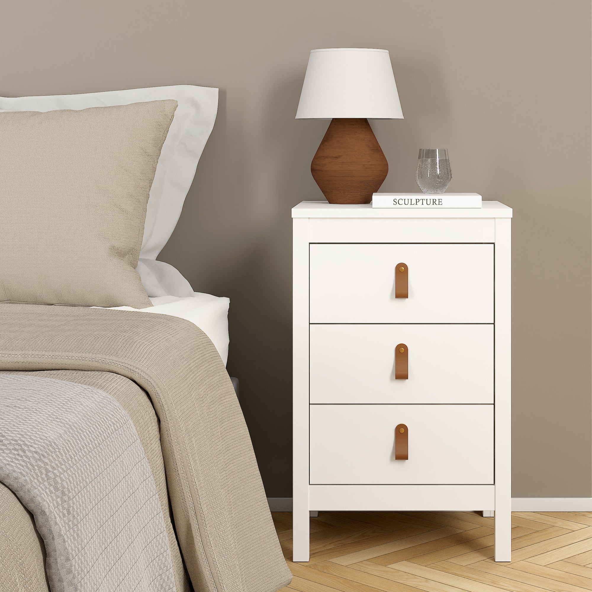 Barcelona Bedside Table 3 Drawers in White - INSIDE HOUSE