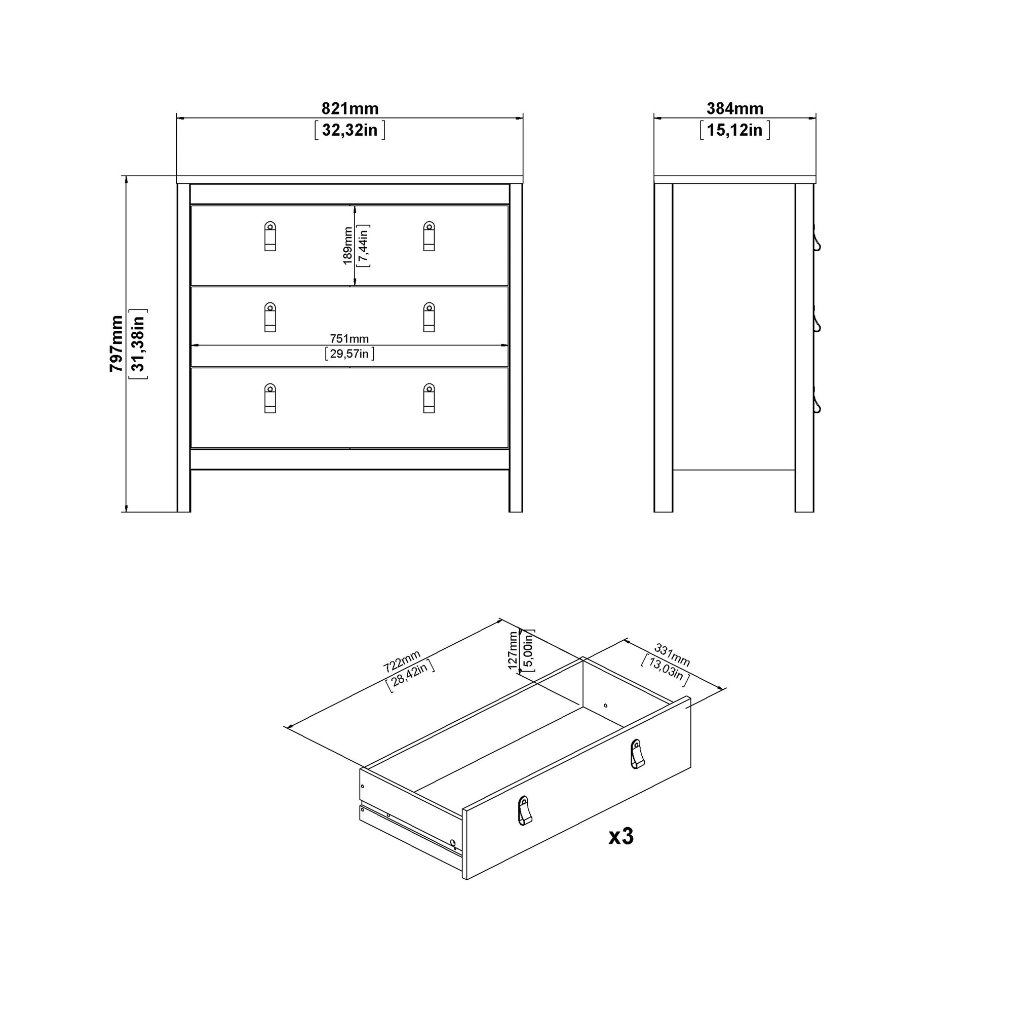 Barcelona Chest 3 Drawers in Matt Black - INSIDE HOUSE