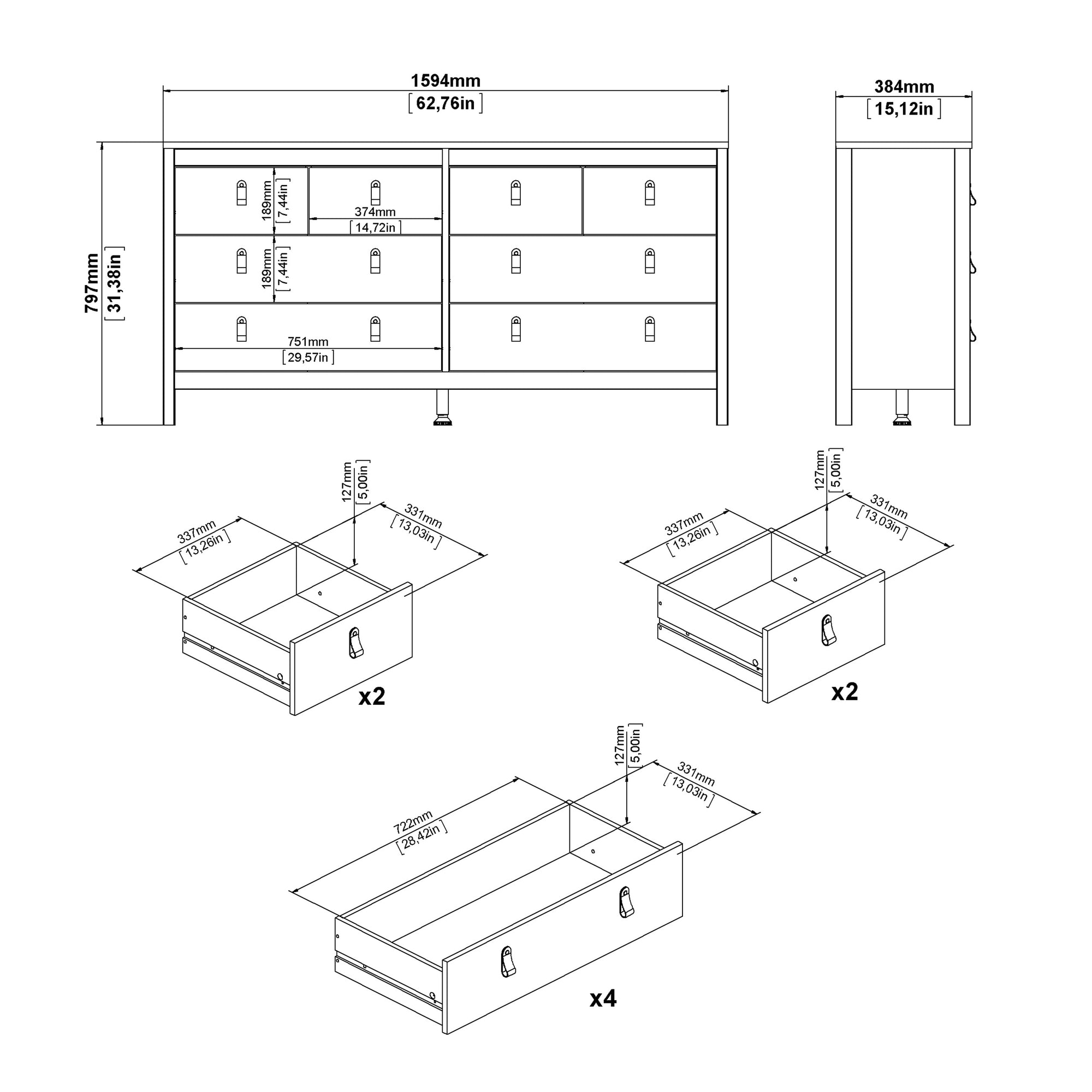 Barcelona Double Dresser 4+4 Drawers in Matt Black - INSIDE HOUSE