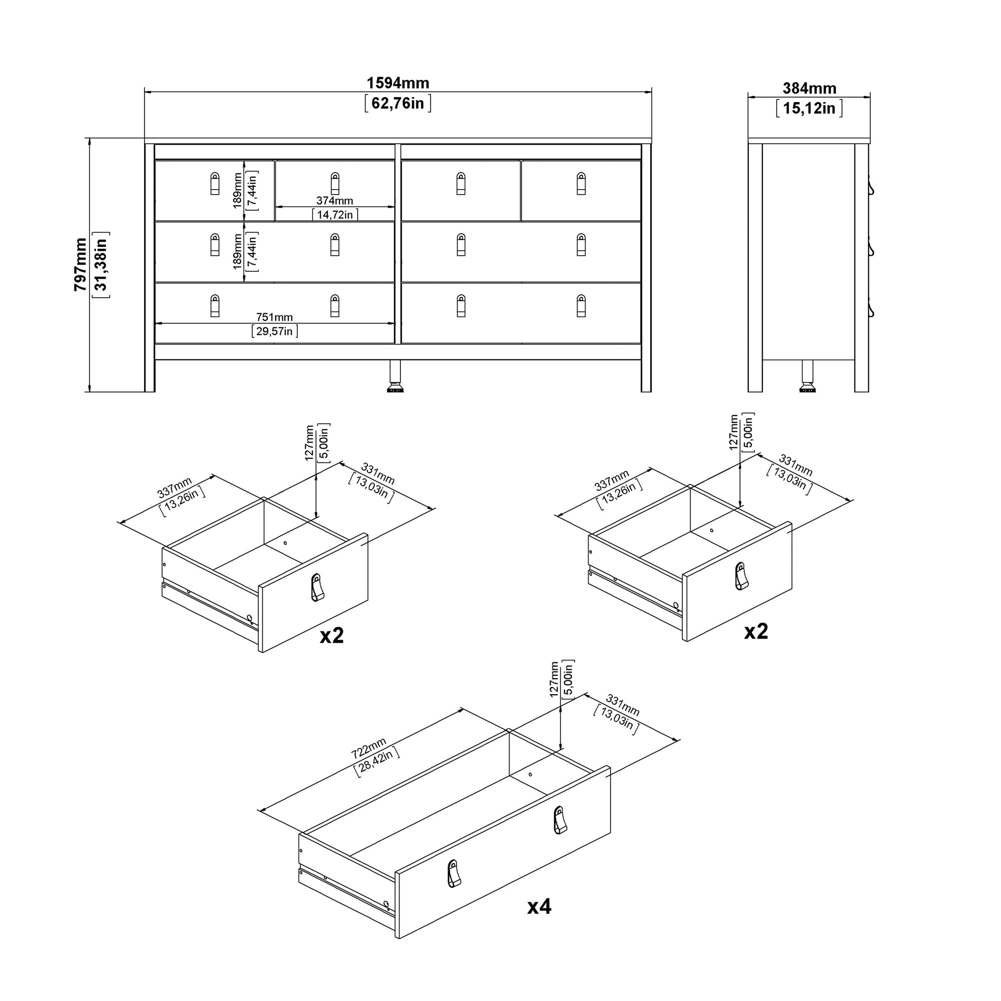 Barcelona Double Dresser 4+4 Drawers in White - INSIDE HOUSE