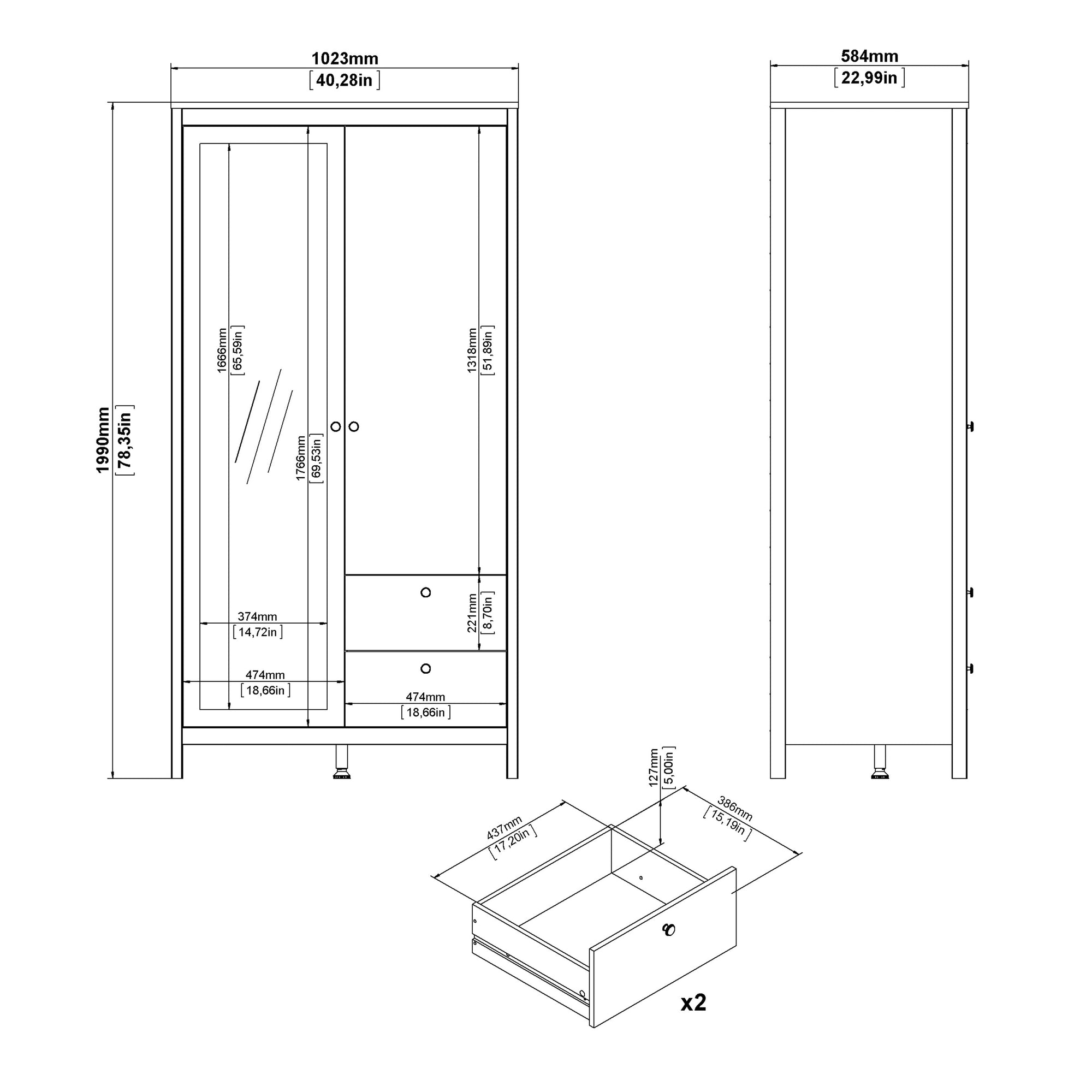 Barcelona Wardrobe with 1 Door 1 Mirror Door 2 Drawers in Matt Black - INSIDE HOUSE