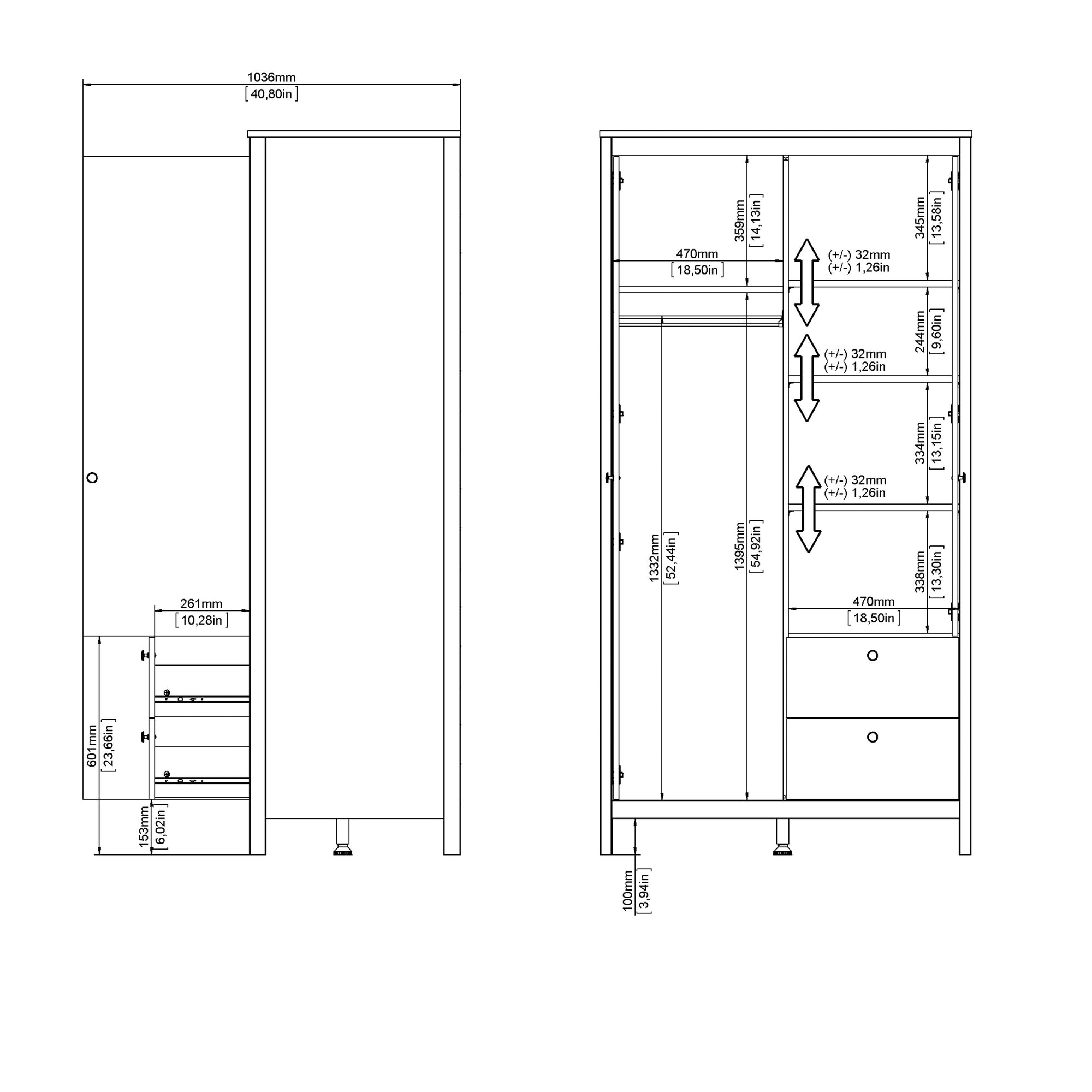 Barcelona Wardrobe with 1 Door 1 Mirror Door 2 Drawers in Matt Black - INSIDE HOUSE