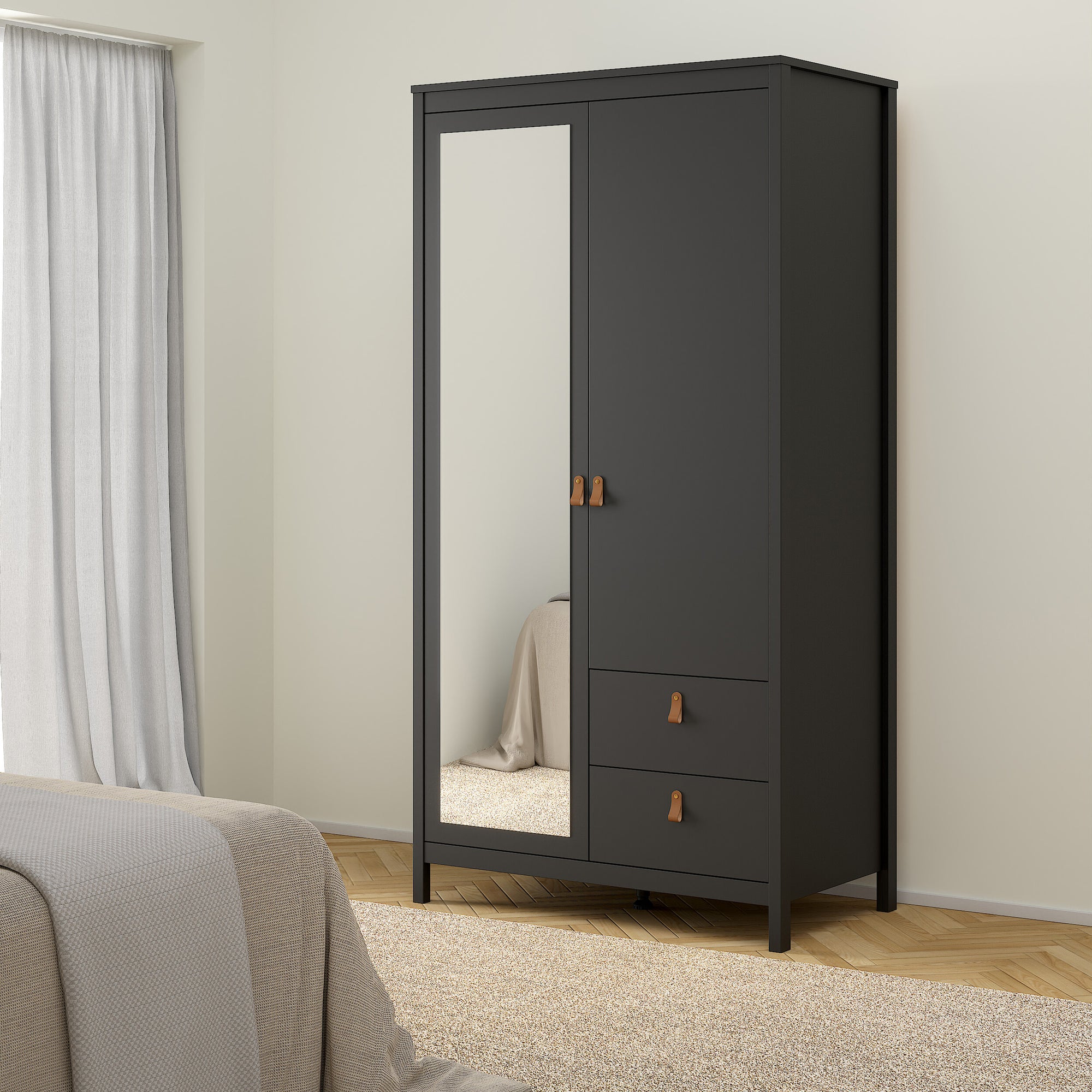 Barcelona Wardrobe with 1 Door 1 Mirror Door 2 Drawers in Matt Black - INSIDE HOUSE