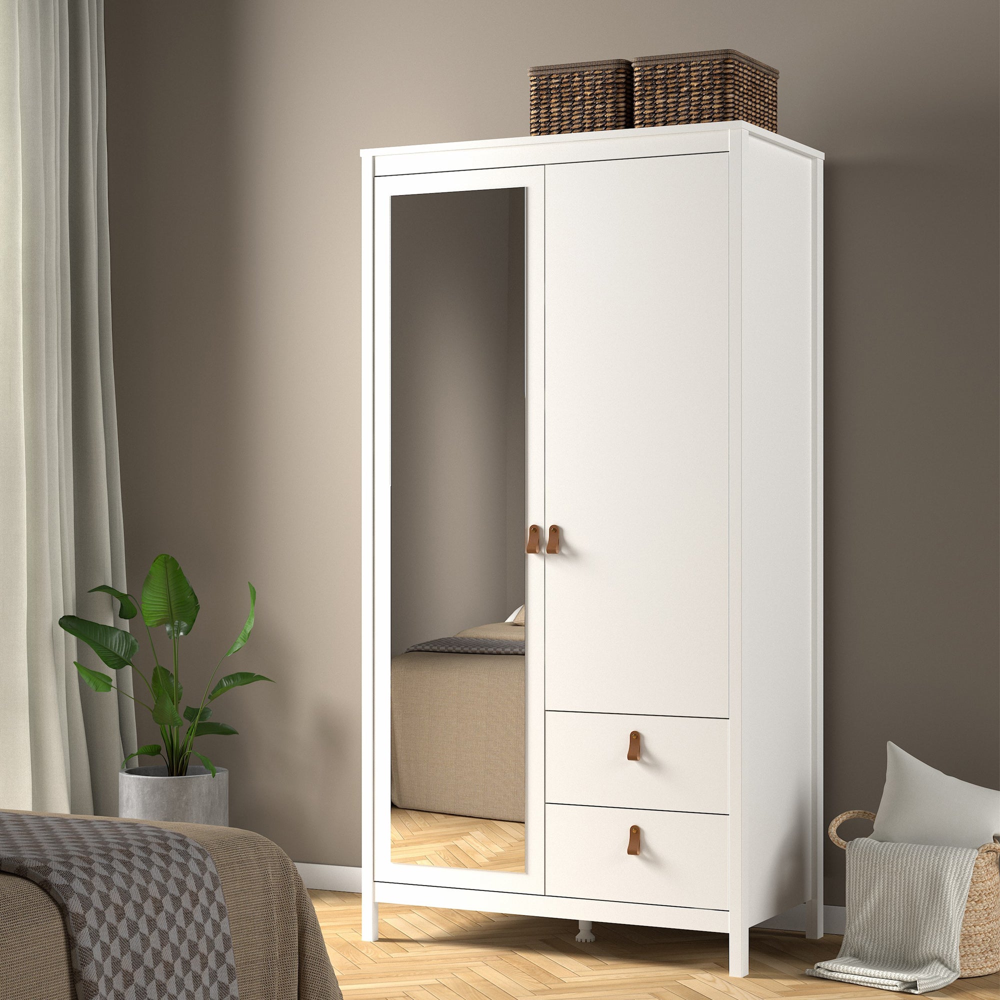 Barcelona Wardrobe with 1 Door 1 Mirror Door 2 Drawers in White - INSIDE HOUSE