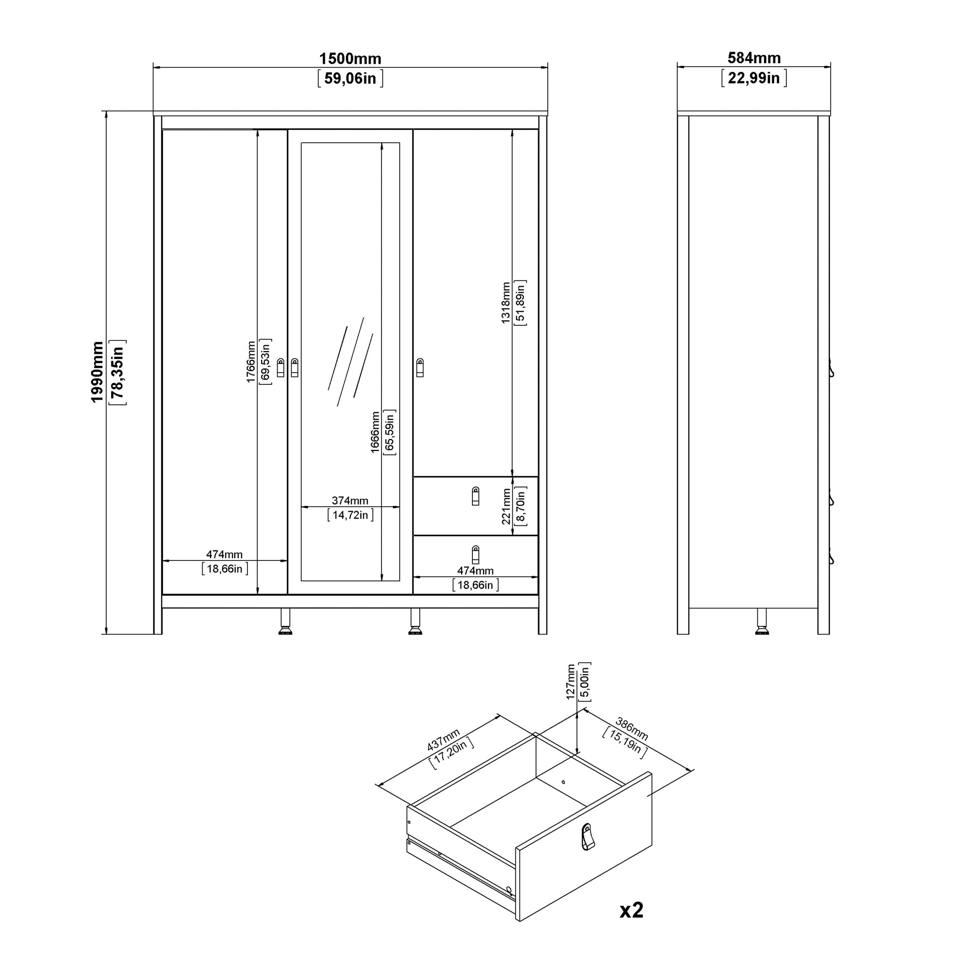 Barcelona Wardrobe with 2 Doors 1 Mirror Door 2 Drawers in Matt Black - INSIDE HOUSE