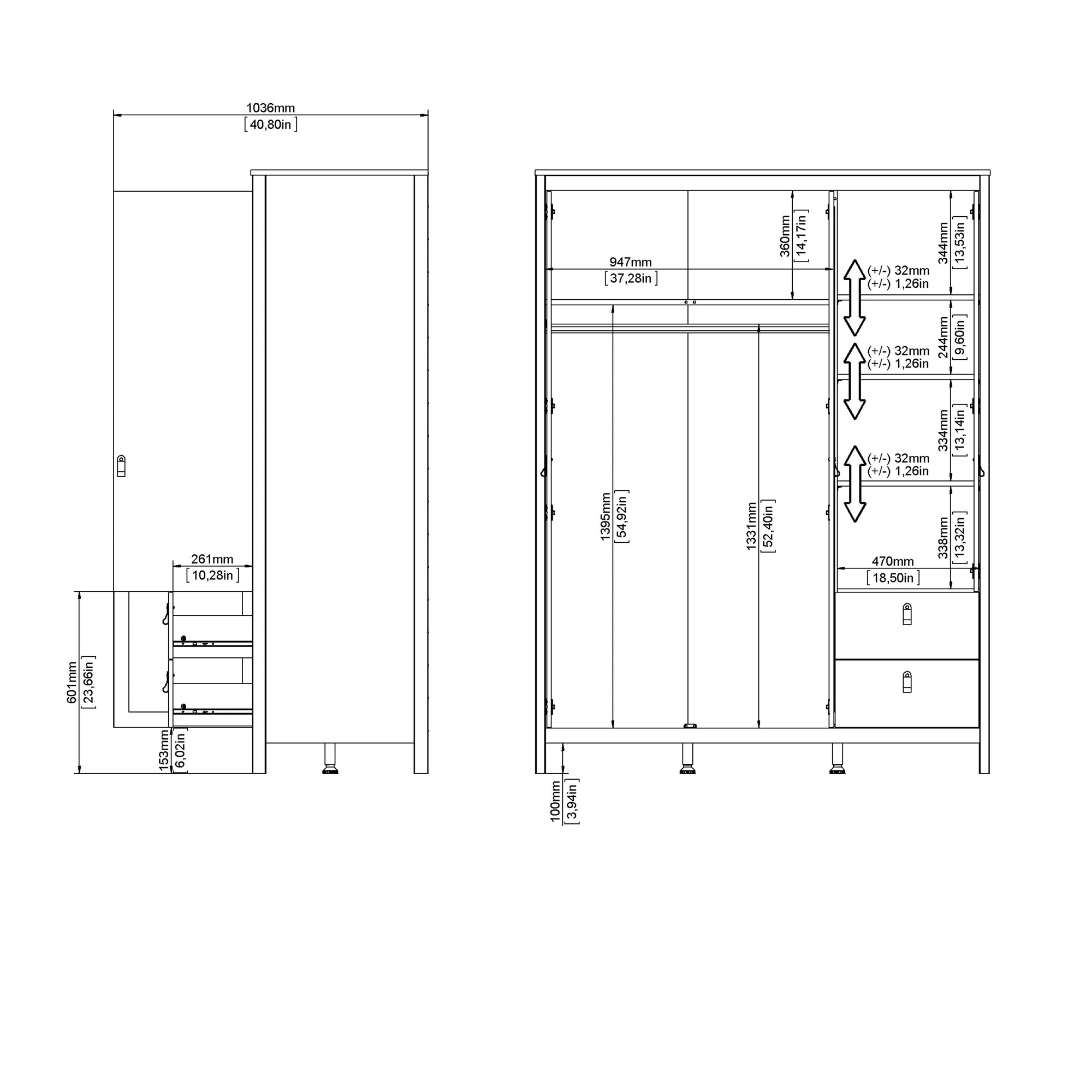 Barcelona Wardrobe with 2 Doors 1 Mirror Door 2 Drawers in Matt Black - INSIDE HOUSE