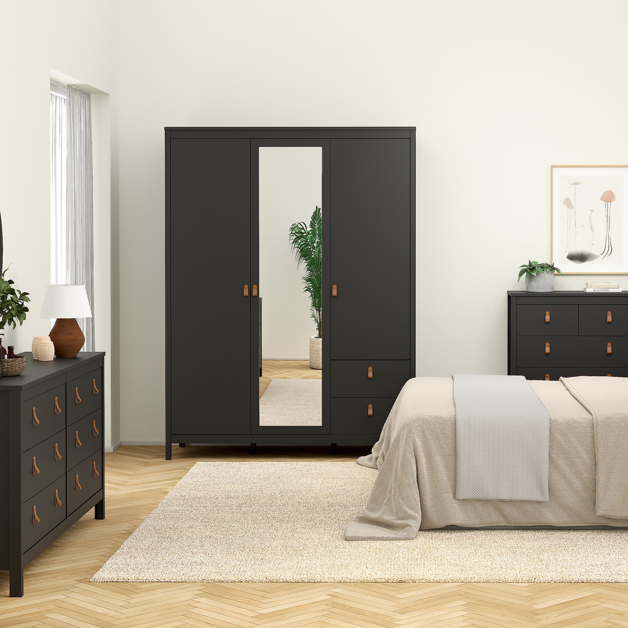 Barcelona Wardrobe with 2 Doors 1 Mirror Door 2 Drawers in Matt Black - INSIDE HOUSE