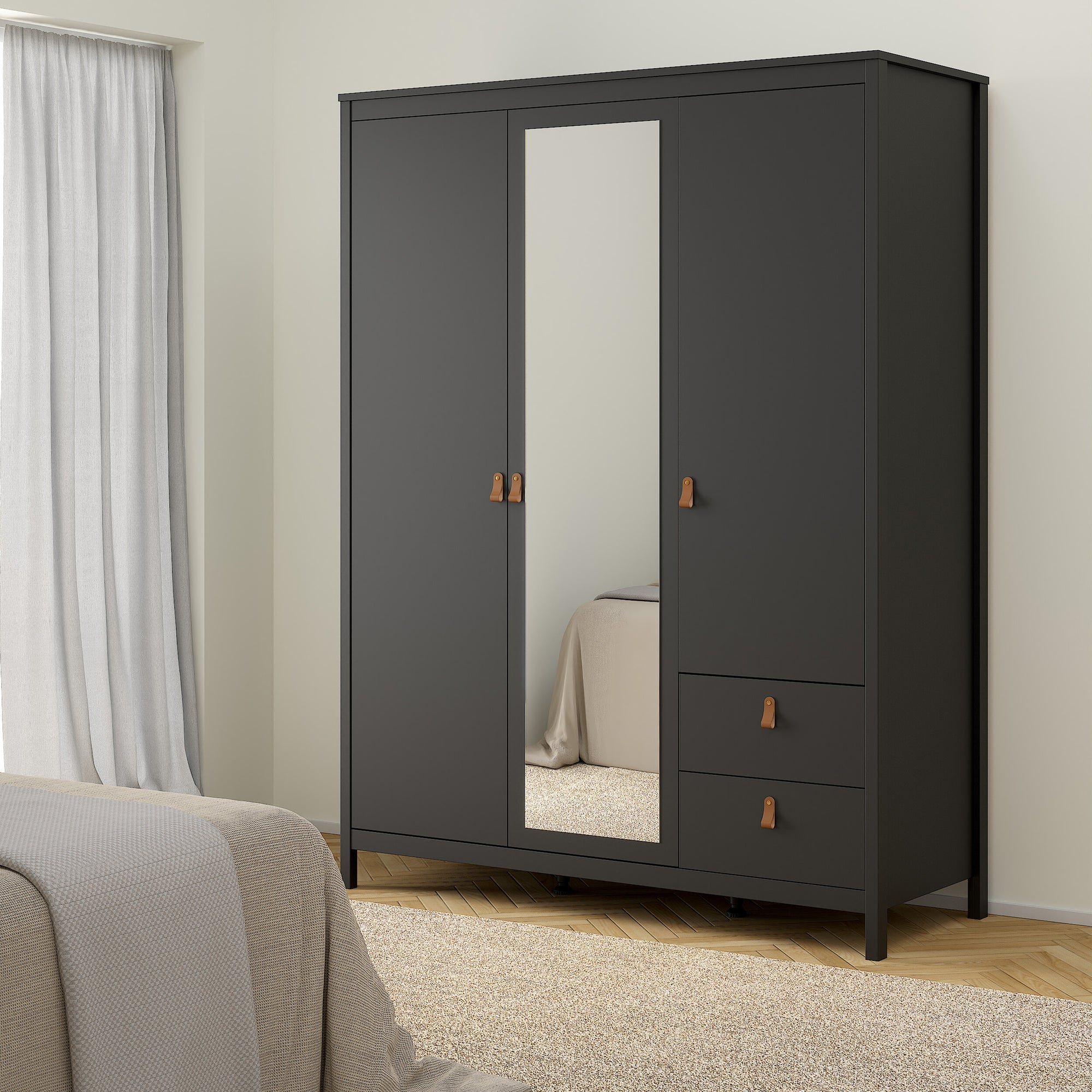 Barcelona Wardrobe with 2 Doors 1 Mirror Door 2 Drawers in Matt Black - INSIDE HOUSE