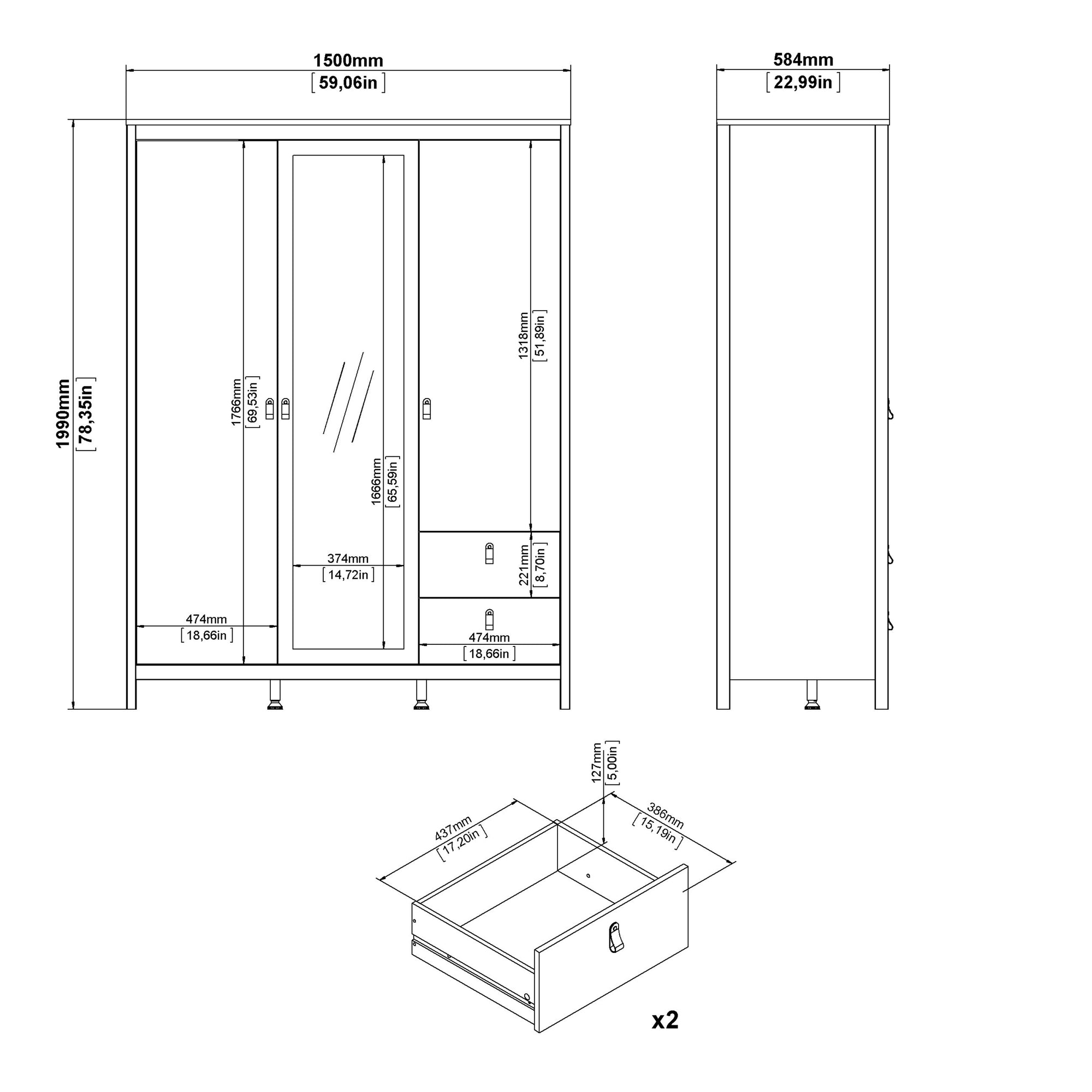 Barcelona Wardrobe with 2 Doors 1 Mirror Door 2 Drawers in White - INSIDE HOUSE