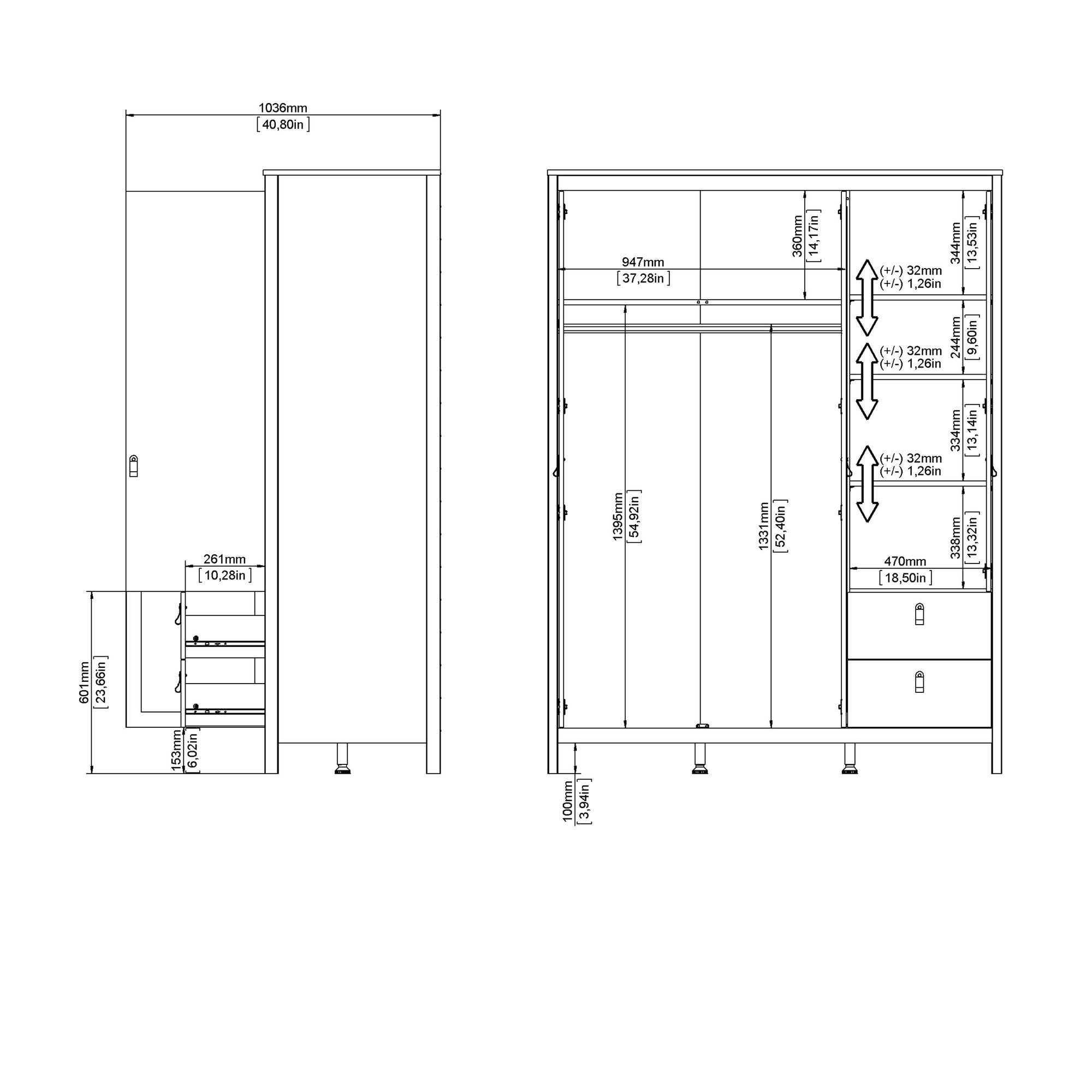 Barcelona Wardrobe with 2 Doors 1 Mirror Door 2 Drawers in White - INSIDE HOUSE