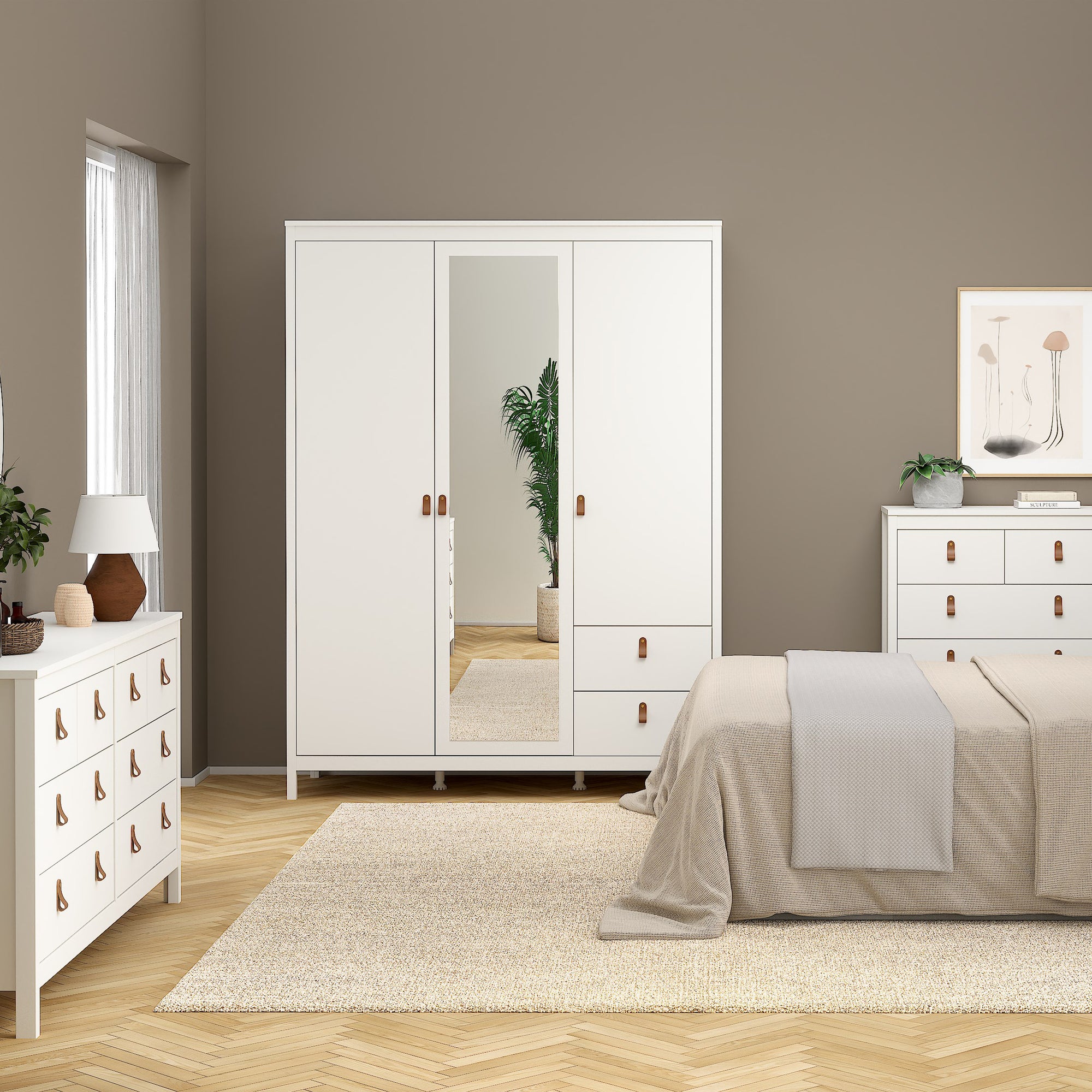 Barcelona Wardrobe with 2 Doors 1 Mirror Door 2 Drawers in White - INSIDE HOUSE