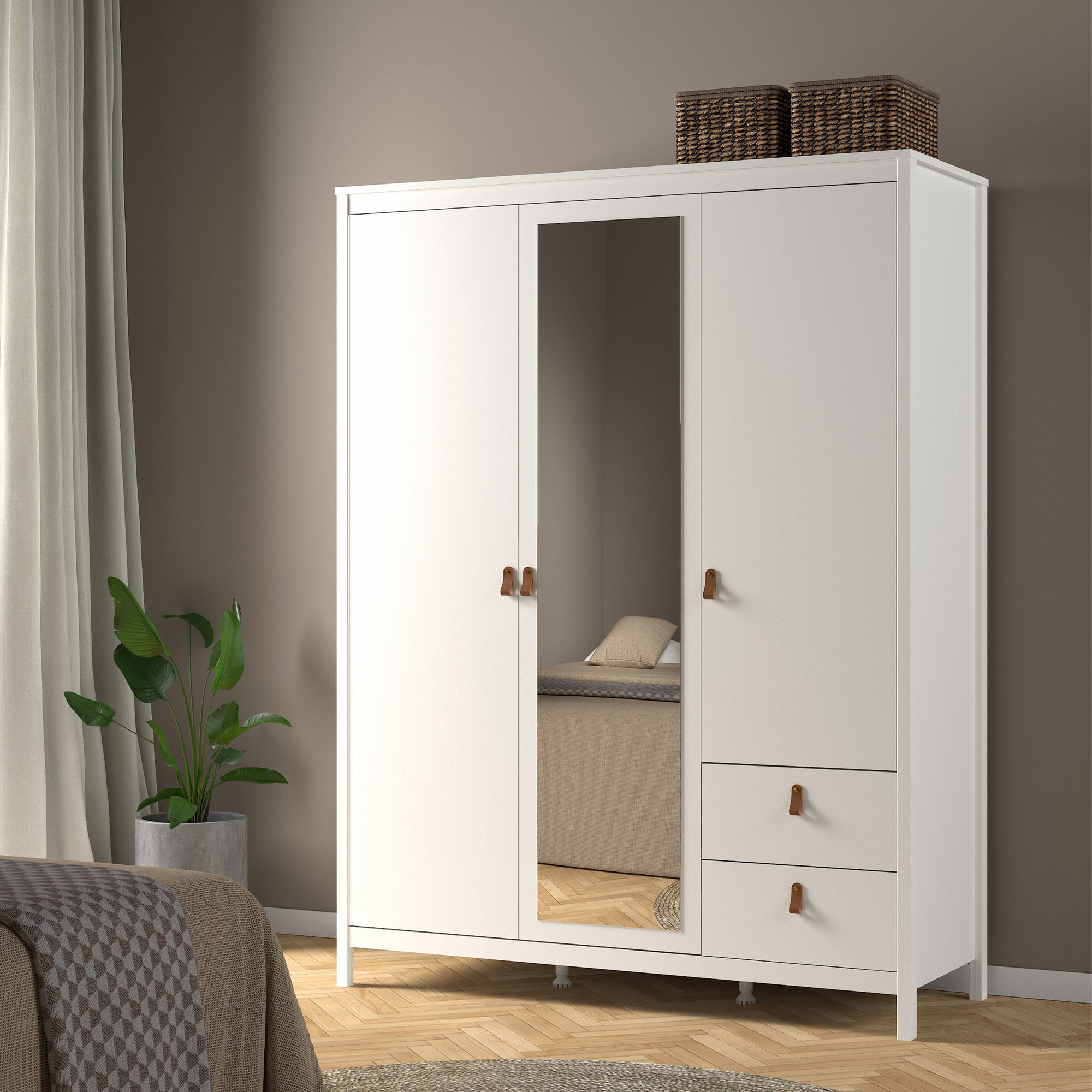 Barcelona Wardrobe with 2 Doors 1 Mirror Door 2 Drawers in White - INSIDE HOUSE