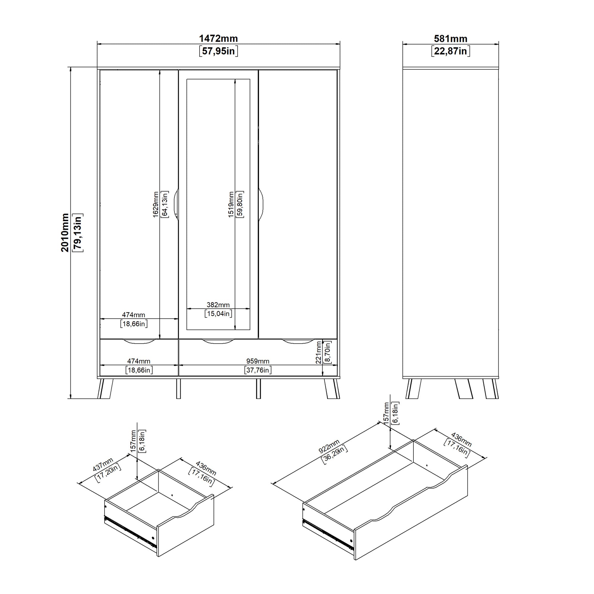 Simpson Wardrobe 3 Doors and 2 Drawers with Mirror in Jackson Hickory and White - INSIDE HOUSE