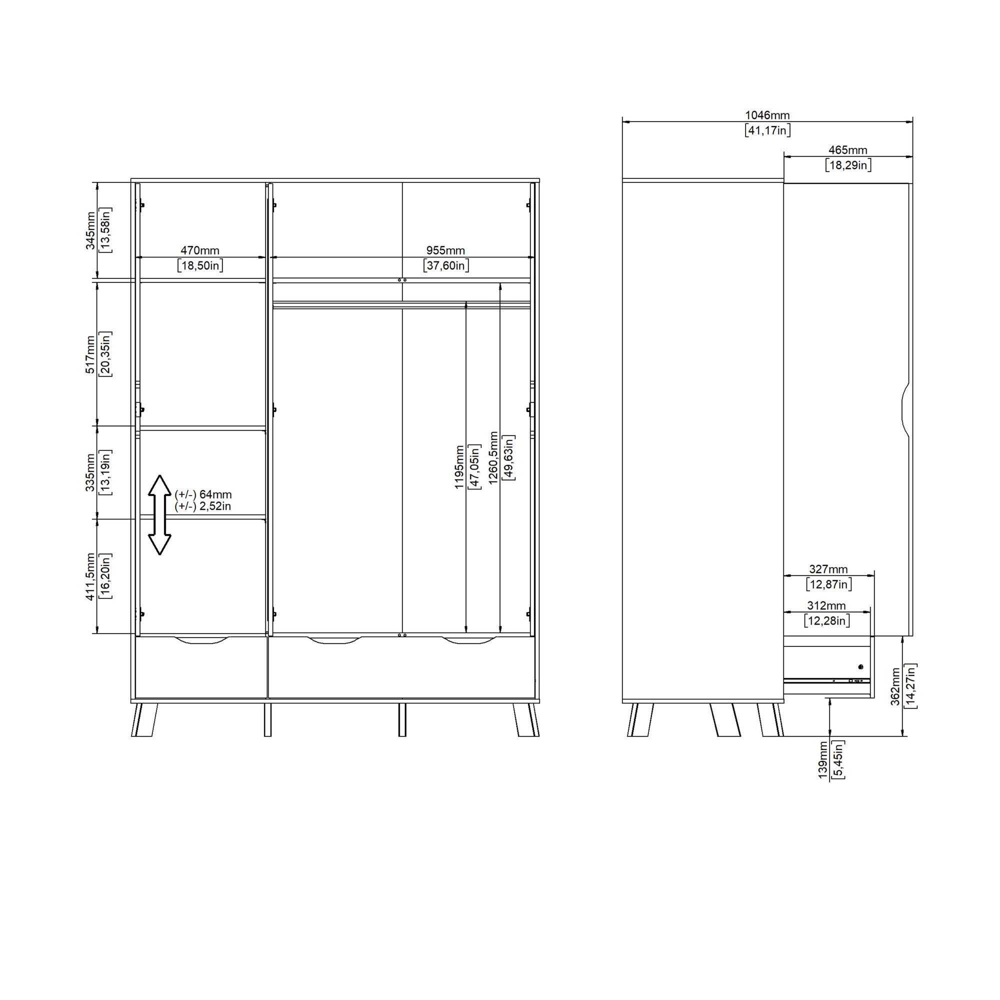 Simpson Wardrobe 3 Doors and 2 Drawers with Mirror in Jackson Hickory and White - INSIDE HOUSE