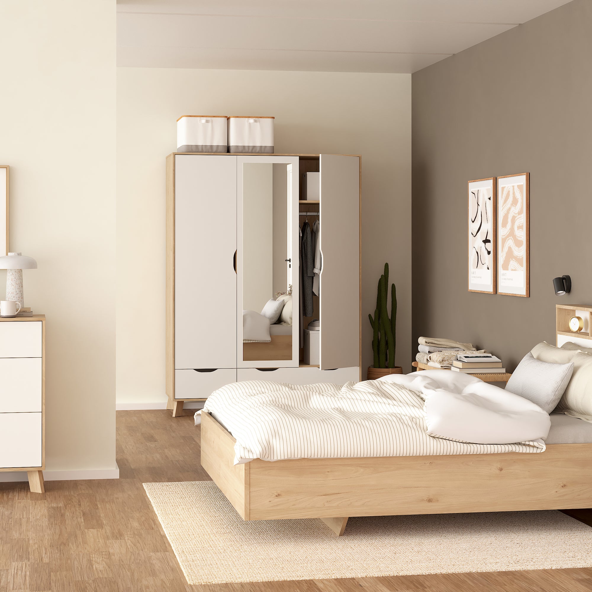 Simpson Wardrobe 3 Doors and 2 Drawers with Mirror in Jackson Hickory and White - INSIDE HOUSE