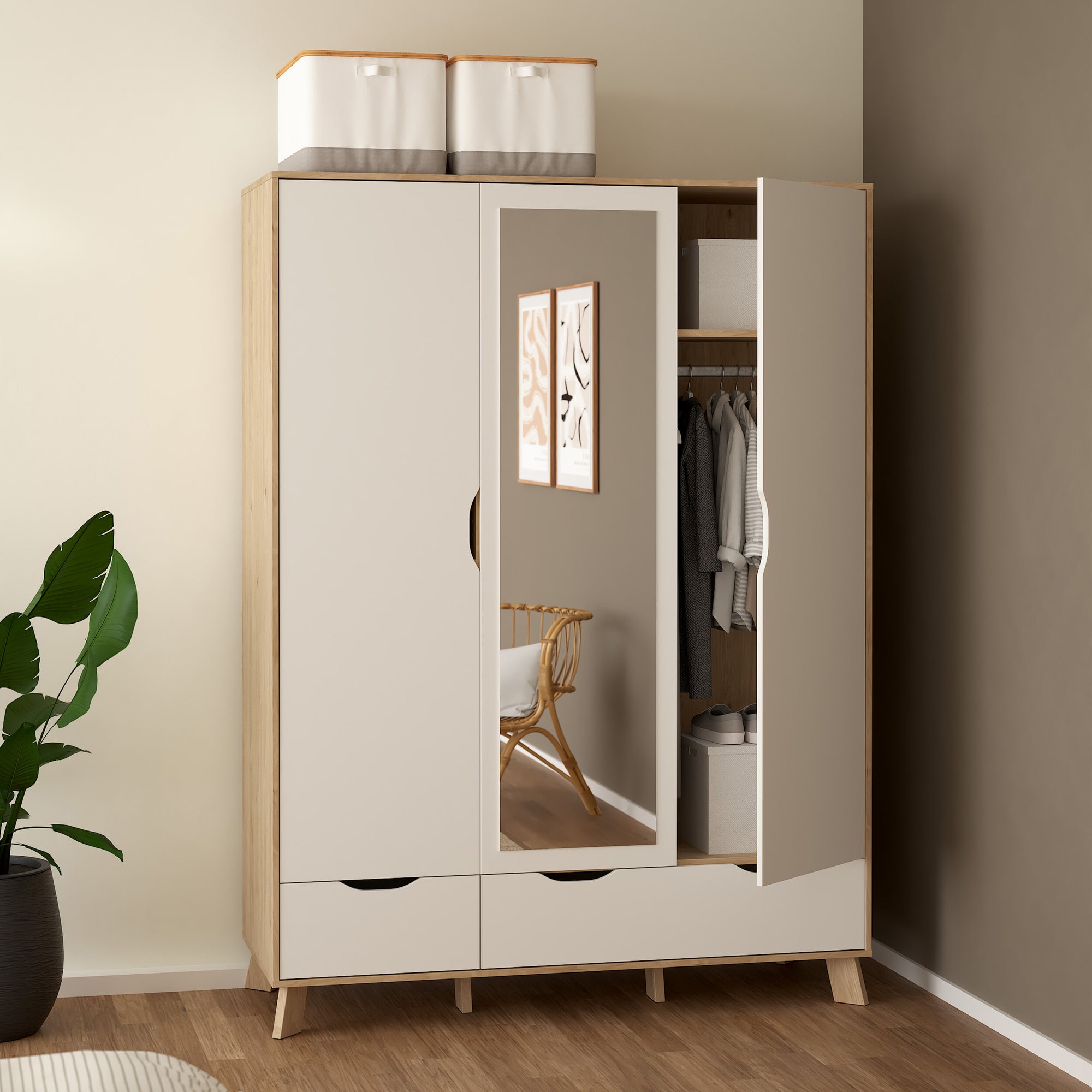 Simpson Wardrobe 3 Doors and 2 Drawers with Mirror in Jackson Hickory and White - INSIDE HOUSE