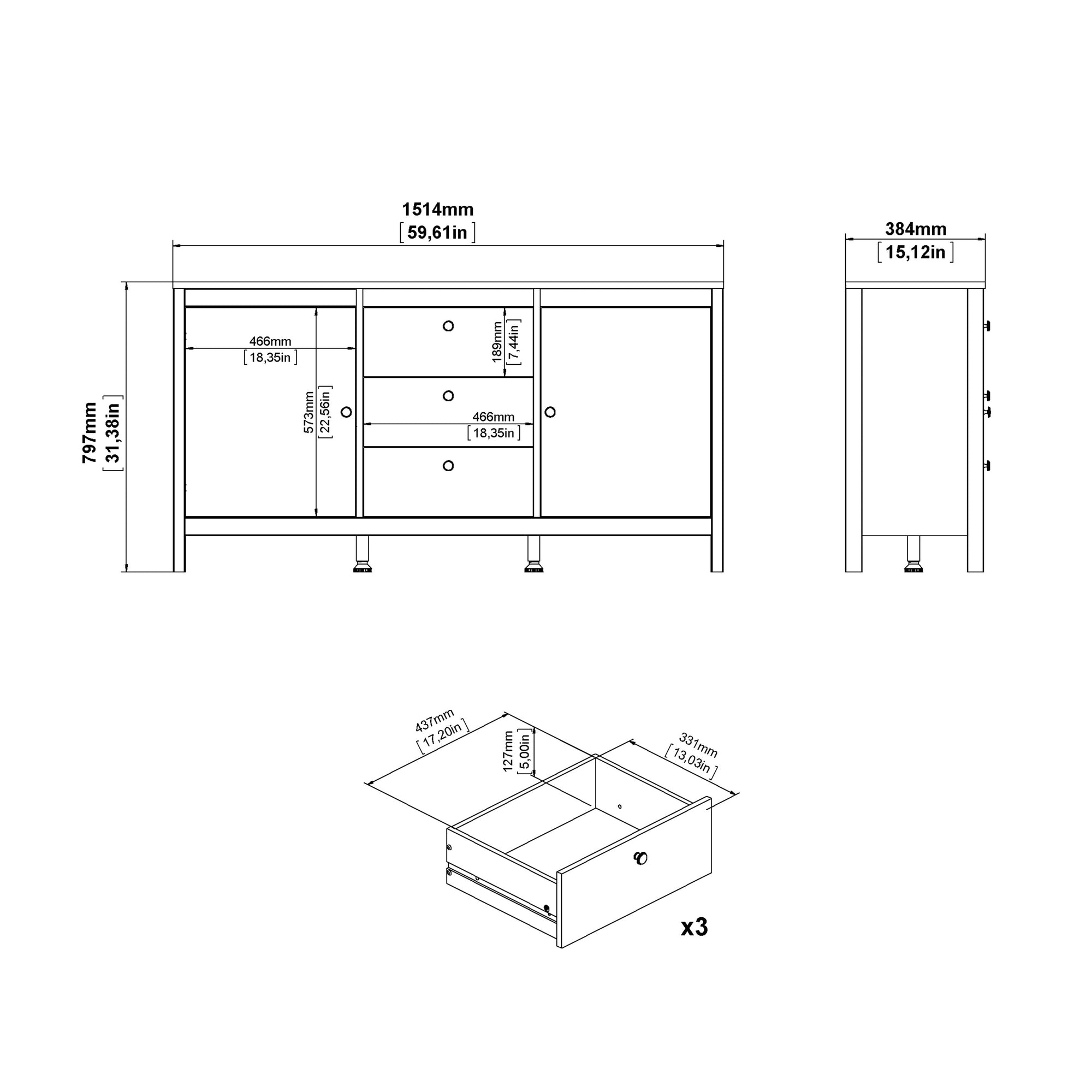 Madrid Sideboard 2 Doors 3 Drawers in Matt Black