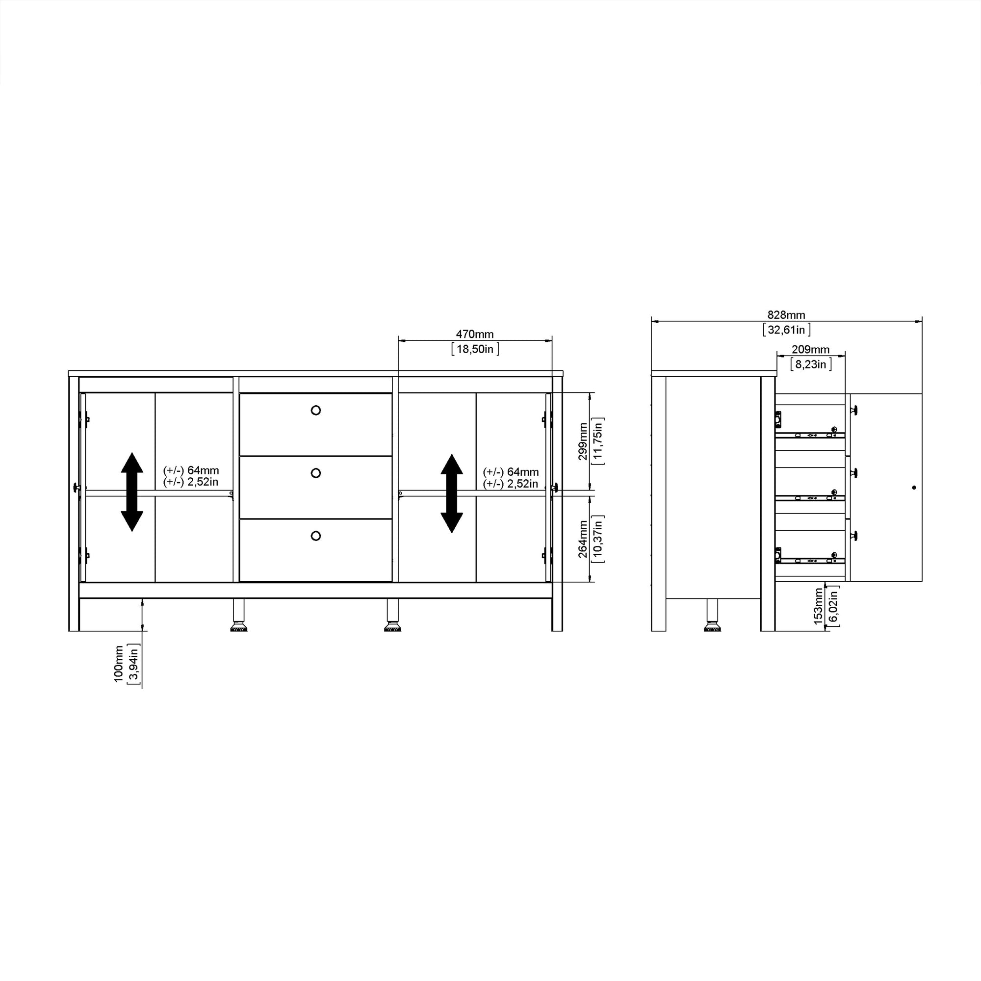 Madrid Sideboard 2 Doors 3 Drawers in Matt Black