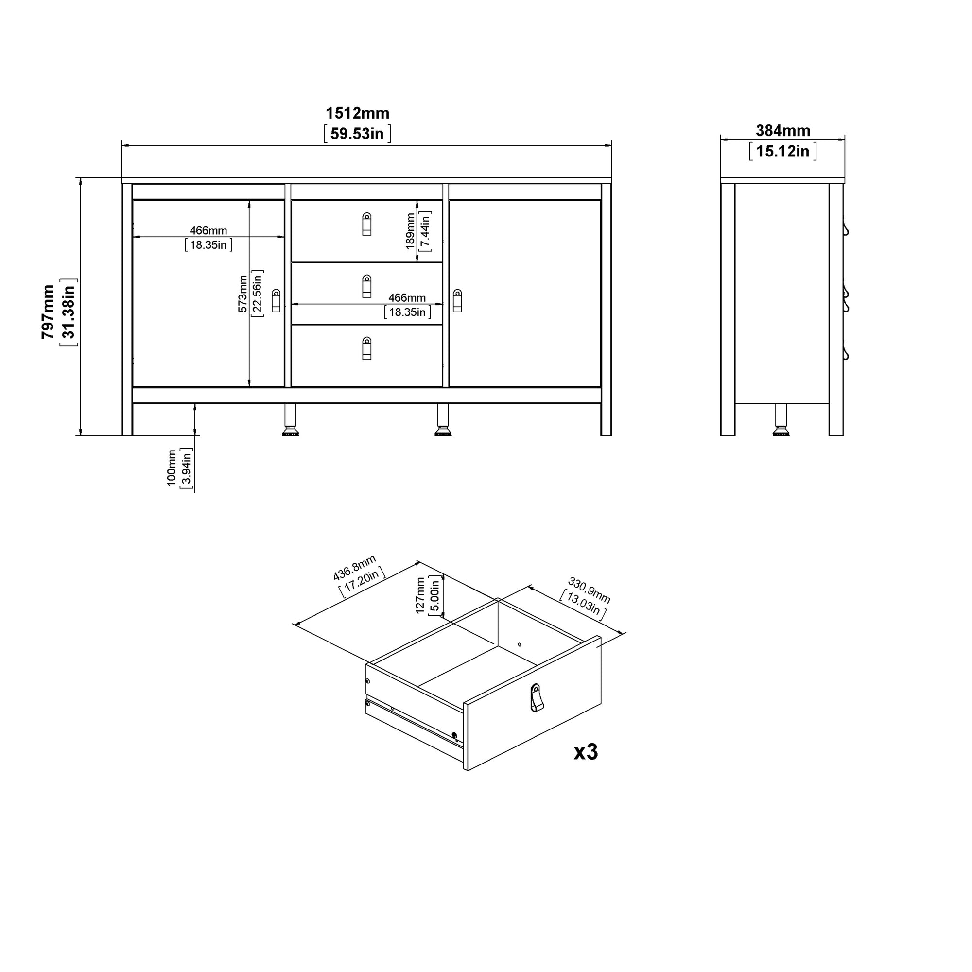 Madrid Sideboard 2 Doors 3 Drawers in White