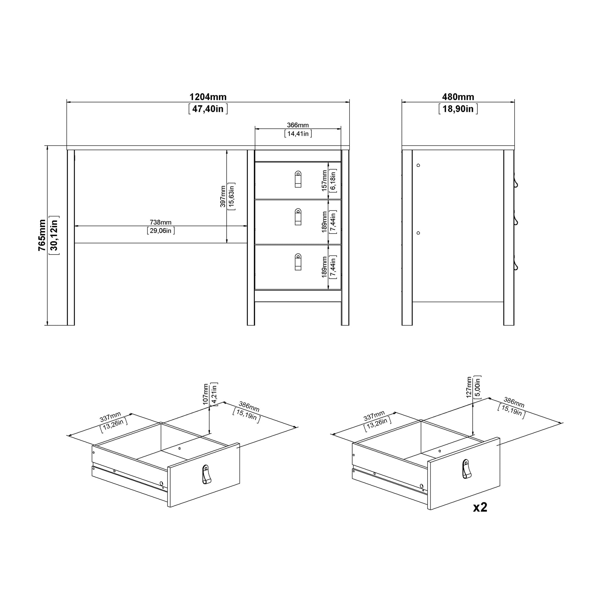 Madrid Desk 3 Drawers in Matt Black